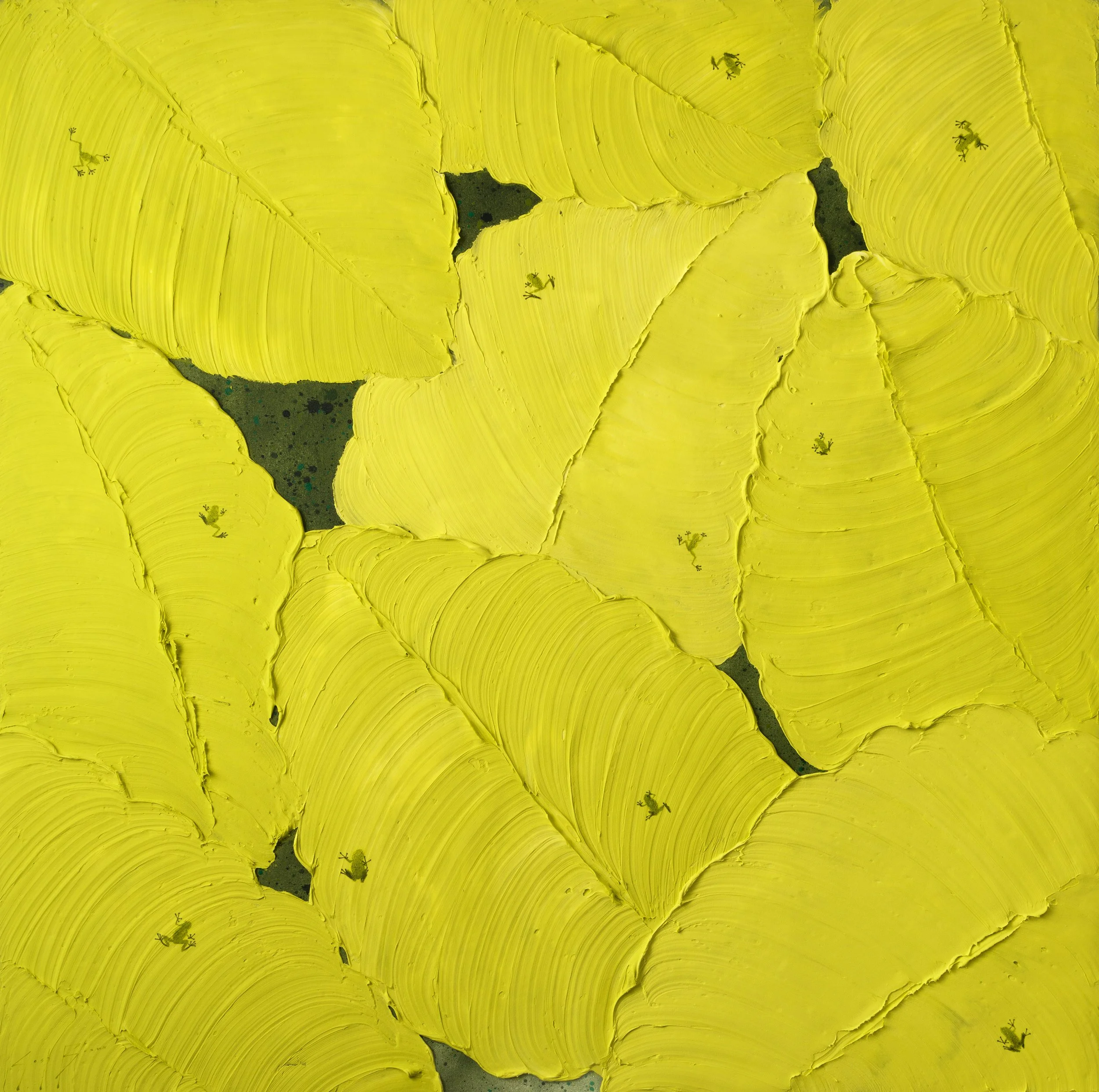 Original acrylic painting of oversized yellow tropical leaves with rich palette-knife texture and hidden frog shadows throughout. Contemporary botanical fine art created with archival materials for collectors seeking bold, modern statement paintings.