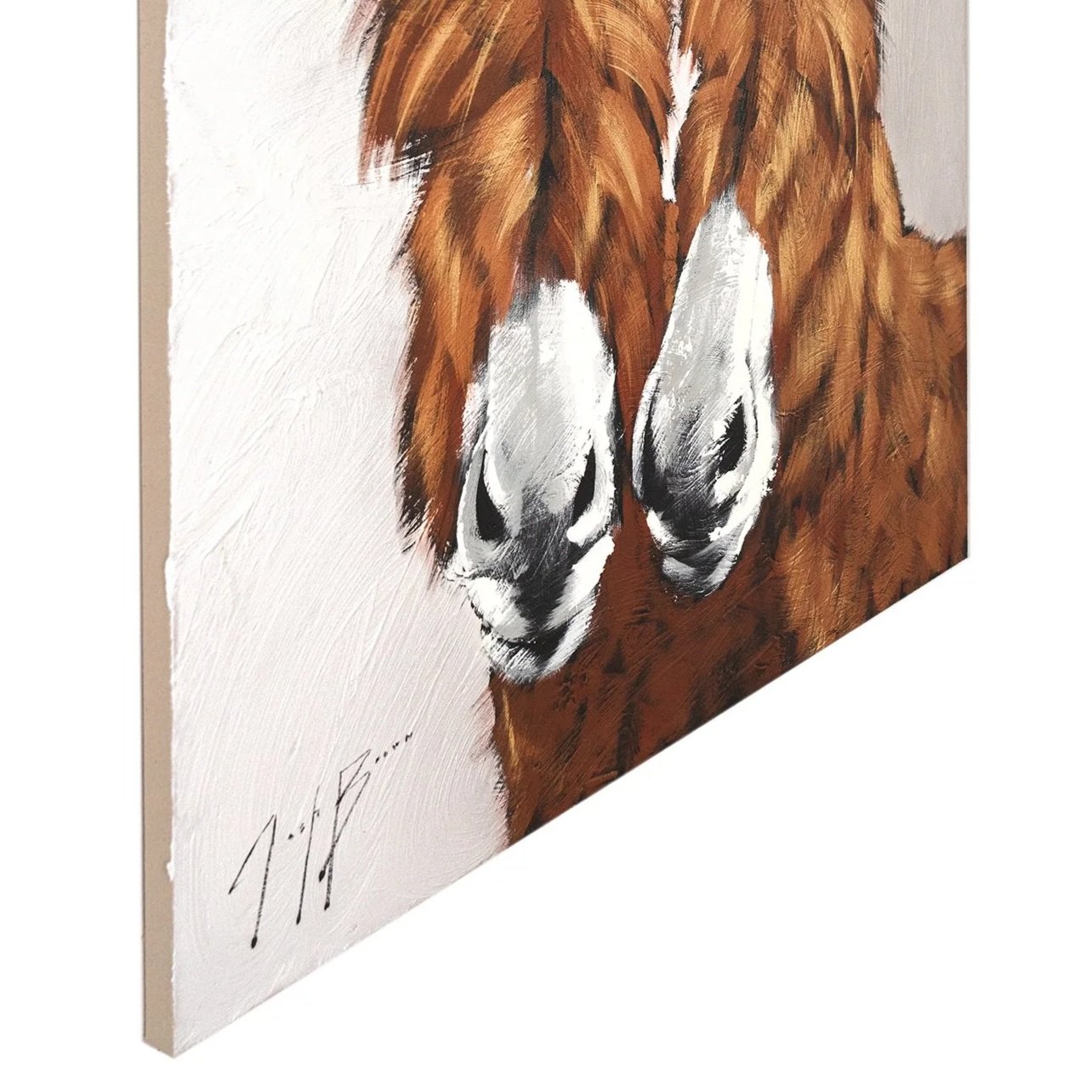 Painterly depiction of two donkeys with layered acrylic marks on white by Josh Brown.
