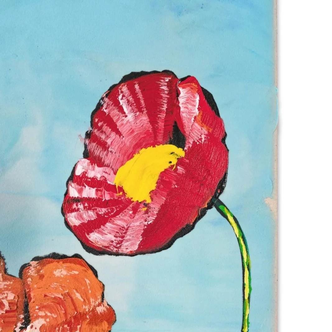 Playful floral painting with thick paint texture and lively color contrasts by Josh Brown.