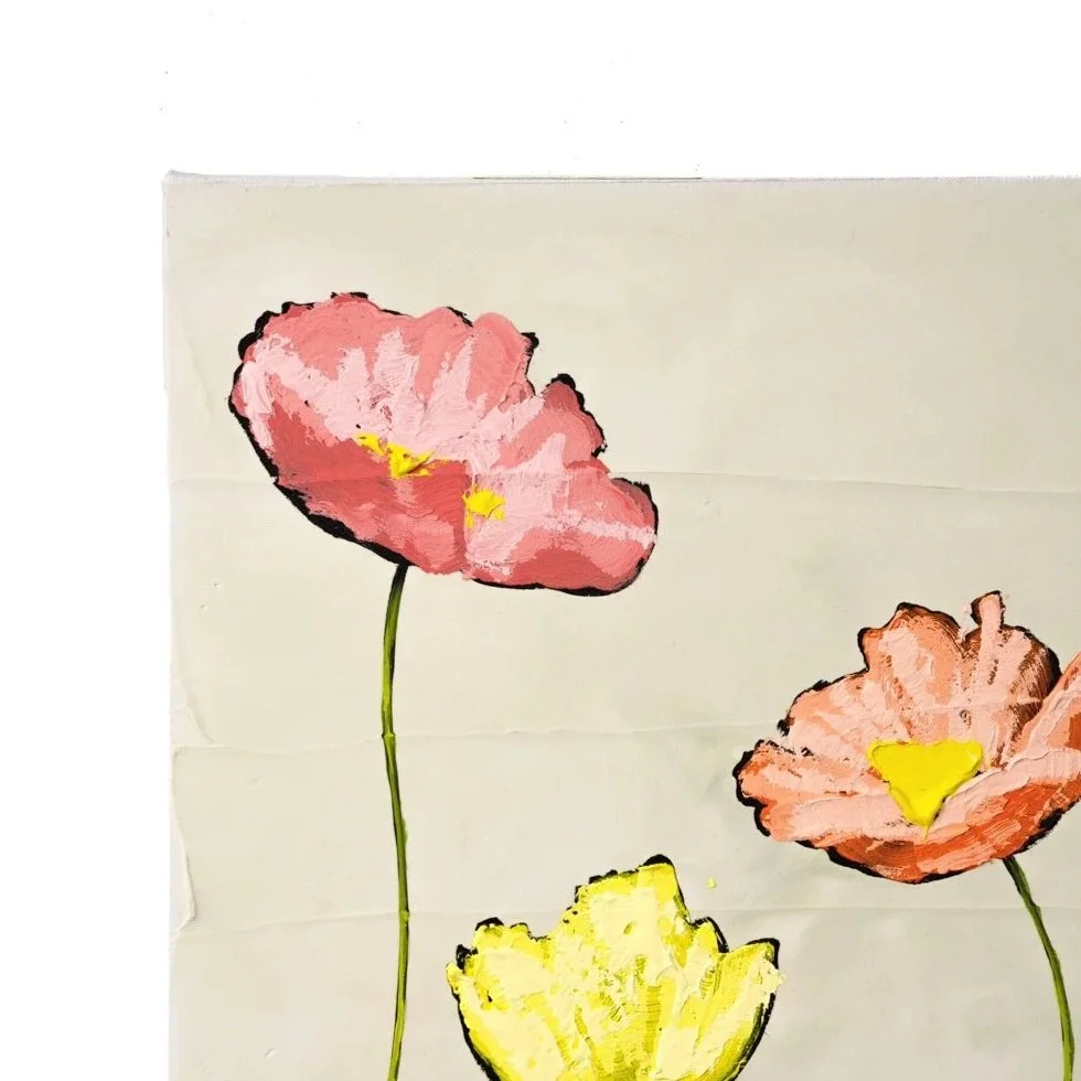 Square-format floral painting with pink and yellow blooms painted in bold brushstrokes by Josh Brown.