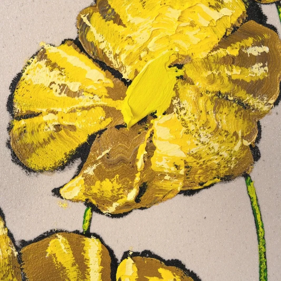 Modern botanical painting with layered yellow flowers and slender green stems by Josh Brown.