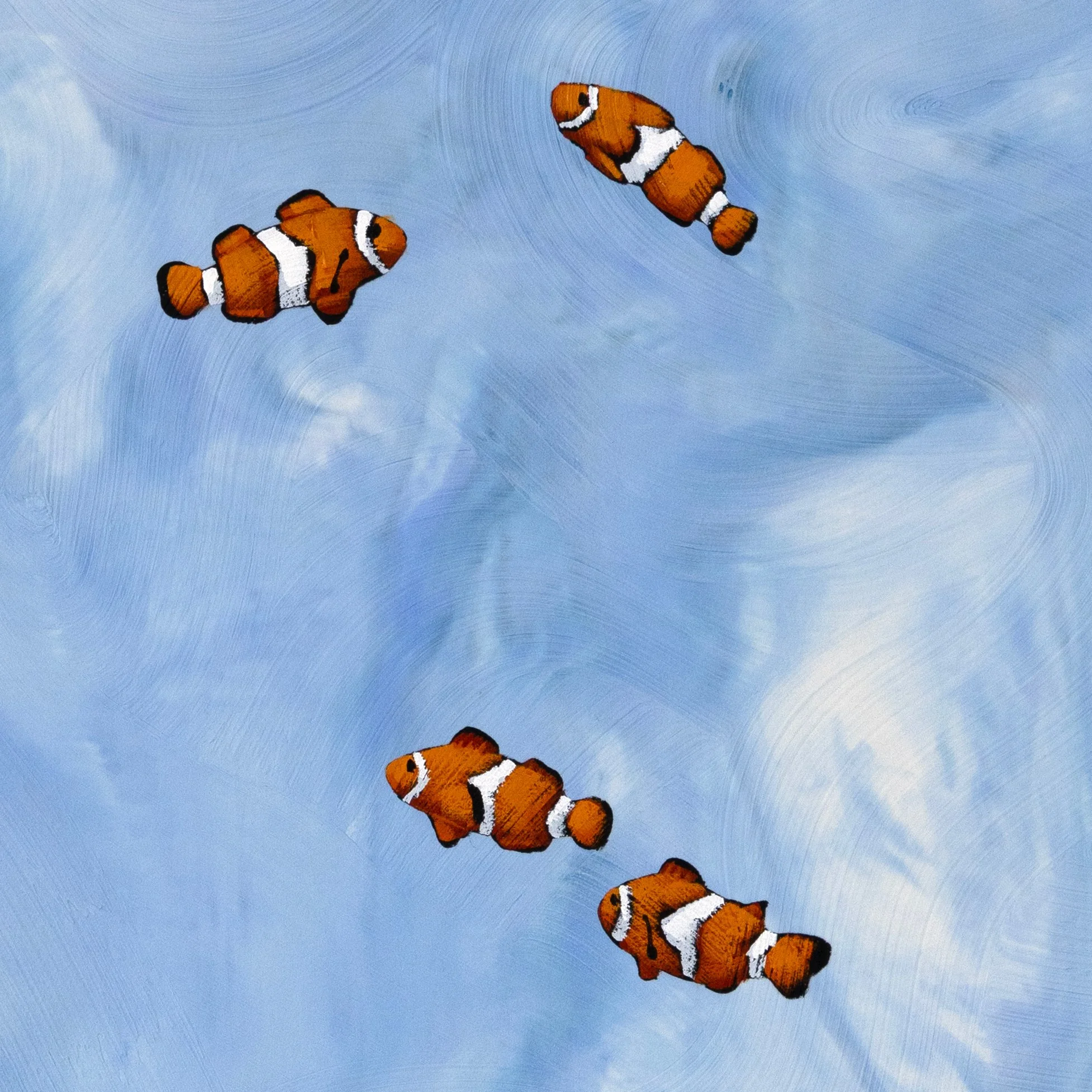 Playful contemporary fish painting blending ocean life and surreal open space cropped to show four clown fish by New York City based artist Josh Brown.