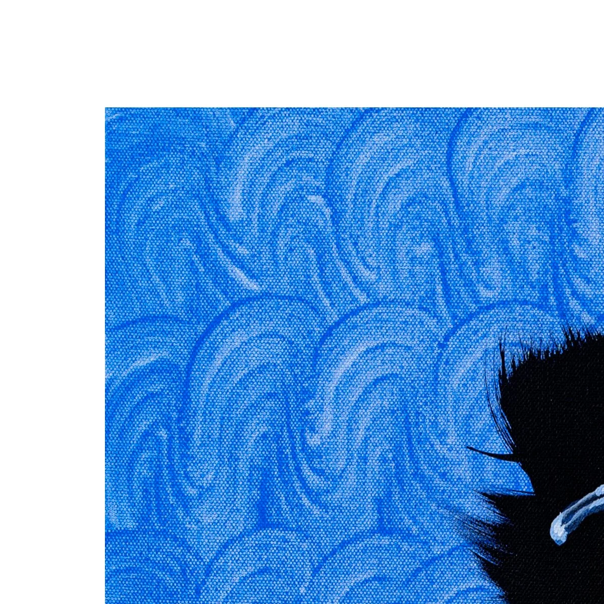 Detail showing high-contrast black and blue color fields in a bold contemporary wildlife-inspired artwork by Josh Brown.