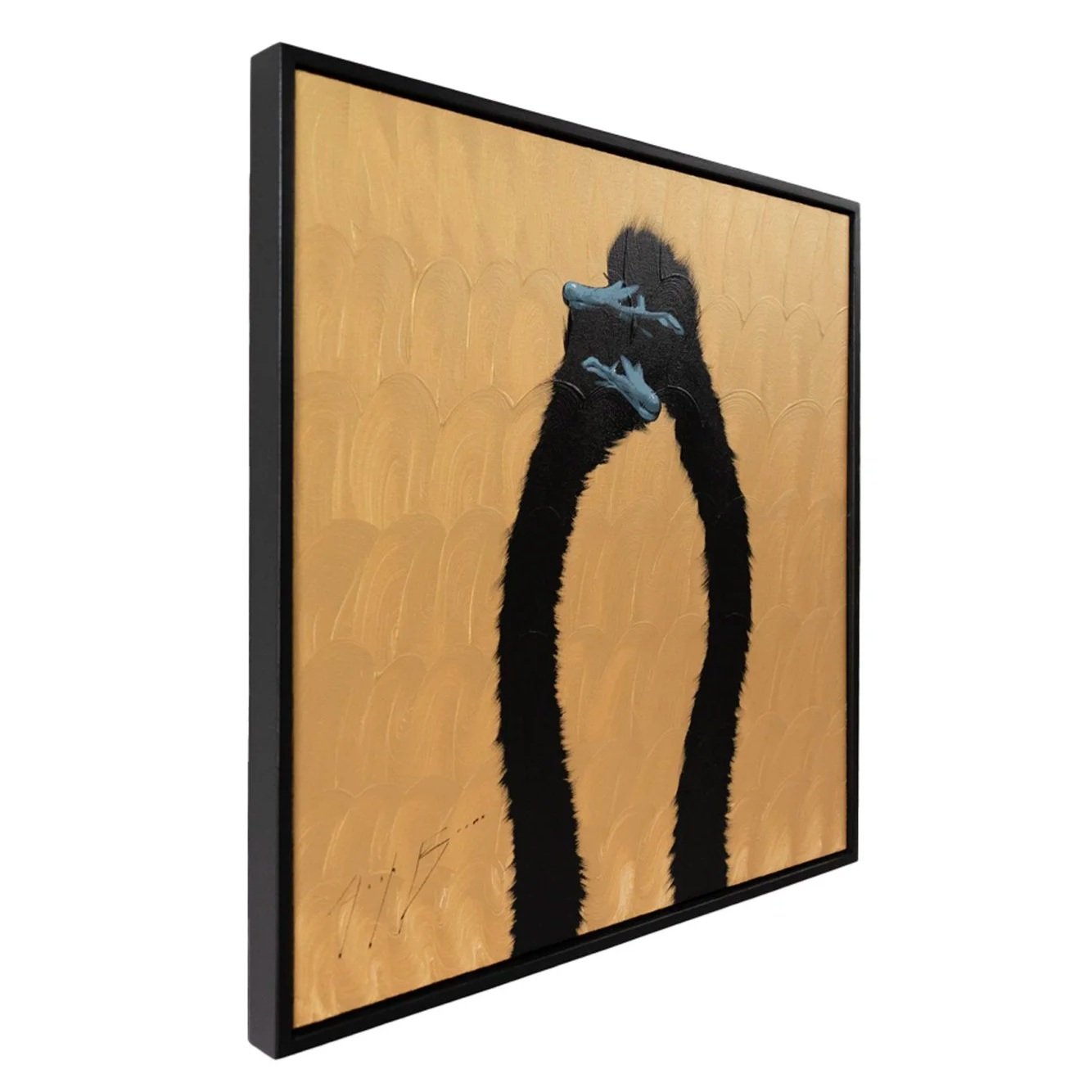 Side view of a framed painting of thick black paint forming an abstracted ostrich silhouettes in a contemporary fine art painting by Josh Brown.