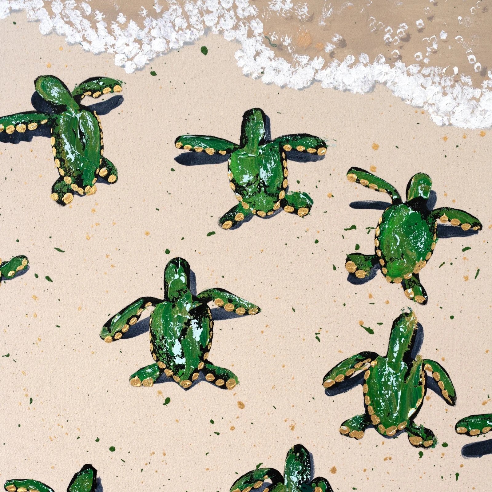 Original contemporary art depicting baby sea turtles crawling across a textured surface by New York City based painter Josh Brown.