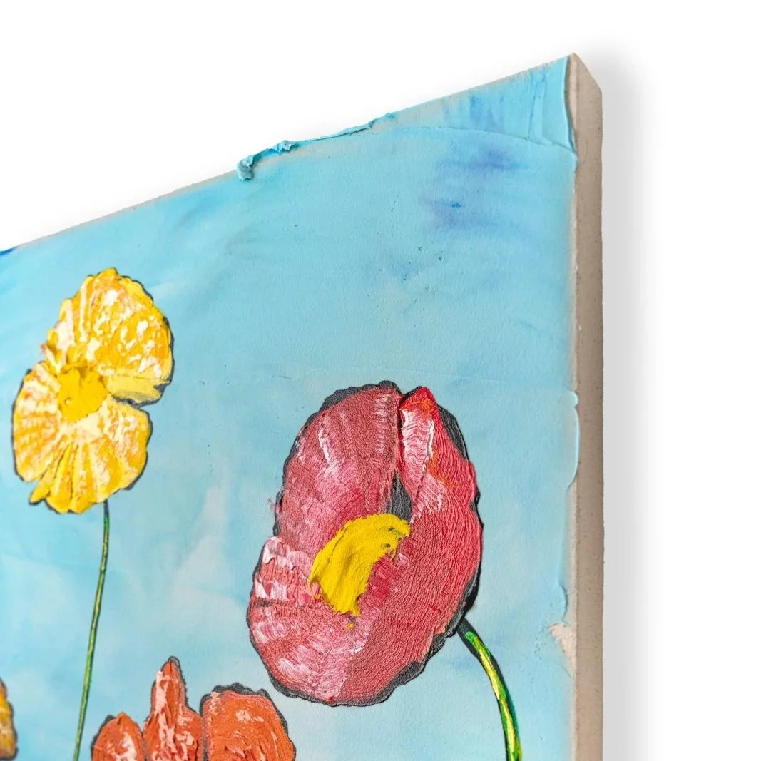Original modern painting of cheerful flowers created with bold palette knife textures by Josh Brown.