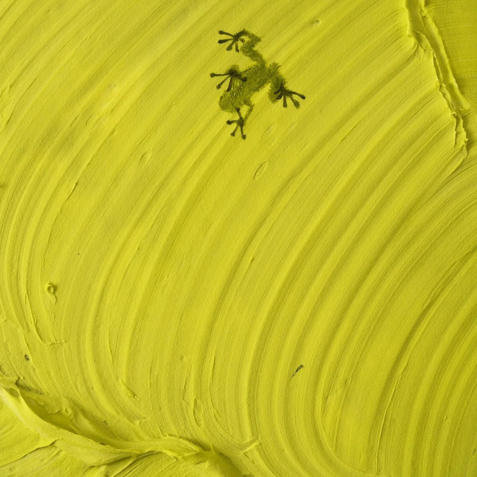 Close-up of heavy impasto acrylic paint creating organic leaf patterns in a modern fine art painting including one frog shadow by NYC based painter Josh Brown.