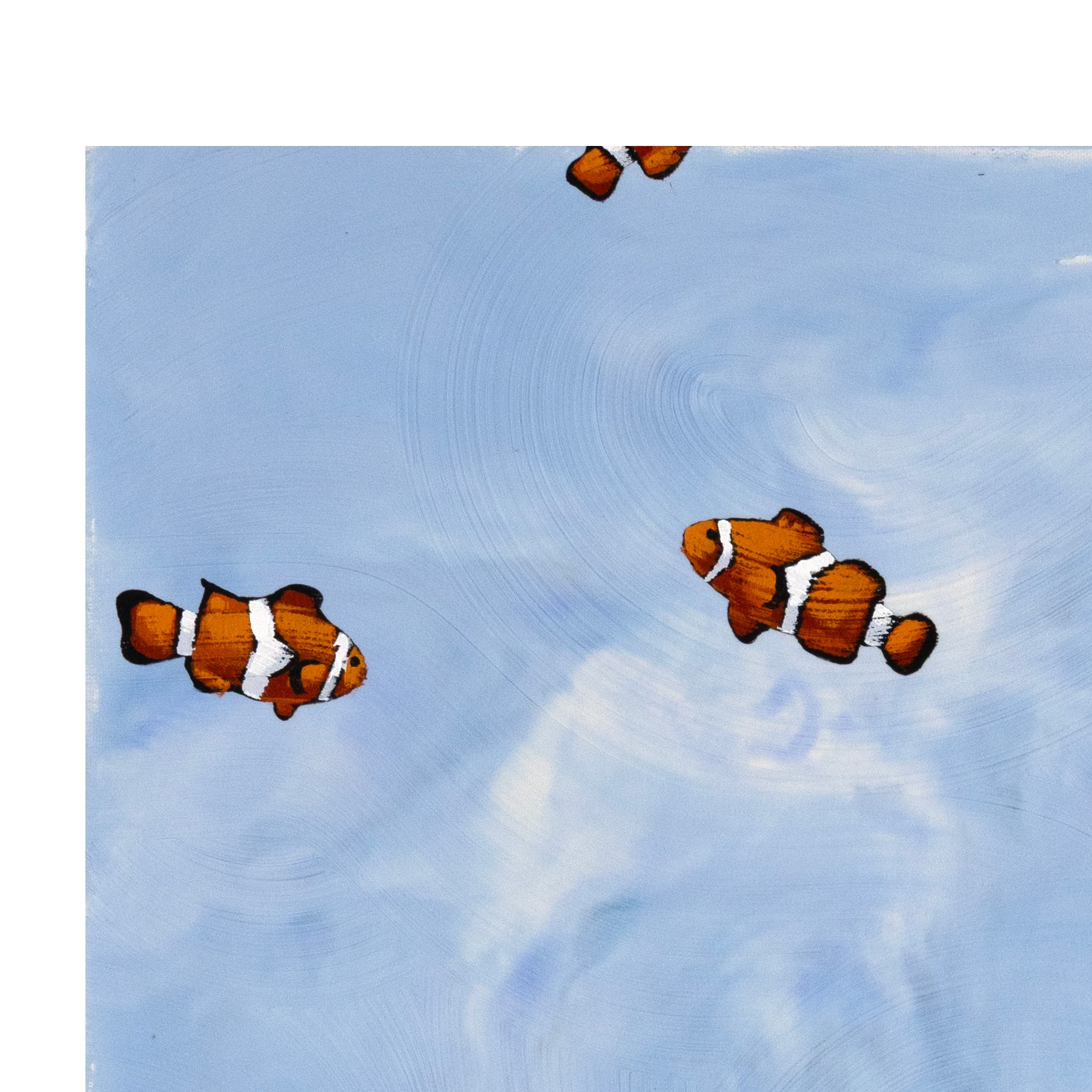 Textured acrylic painting of clownfish arranged across a calm, airy blue surface by New York City based artist Josh Brown.