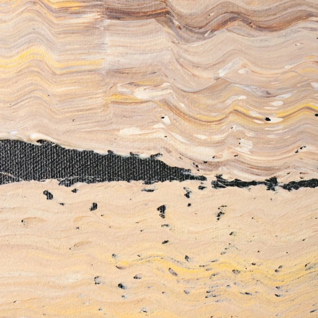Acrylic painting of a pig draped over a fence, rendered with expressive mark-making by Josh Brown cropped in on the wavy strokes of the fence.