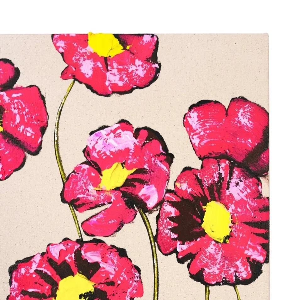 Modern flower painting with textured pink petals and slender green stems by Josh Brown.