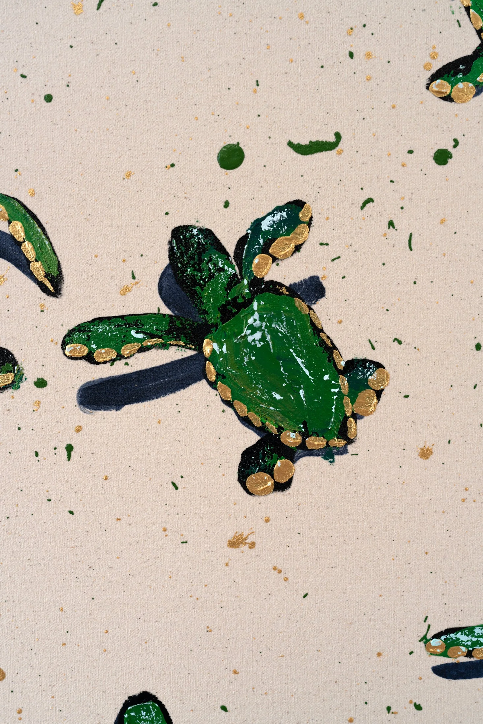Textured acrylic painting of repeating sea turtles in earthy coastal tones by Josh Brown.