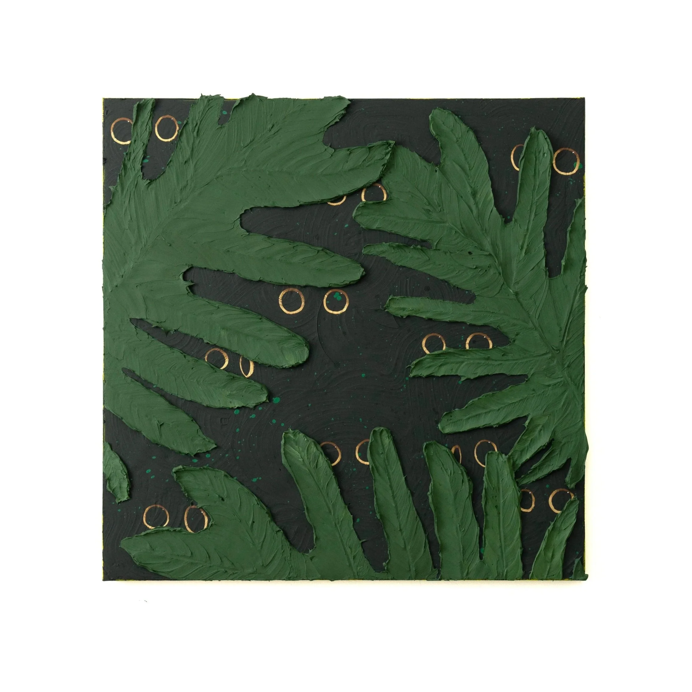 Image of a layered green acrylic leaves with hidden golden eyes against a dark background in a contemporary wildlife painting by Josh Brown.
