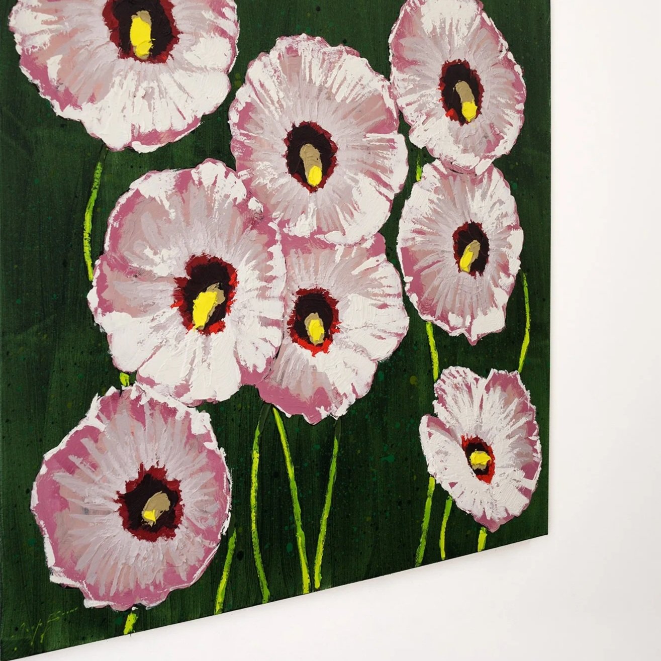Hand-painted hibiscus floral artwork with thick brushstrokes and saturated color by Josh Brown.