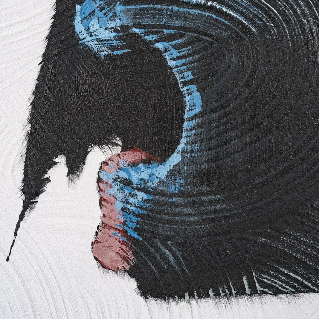 Painterly cow portrait focused on texture, movement, and simplified form cropped to focus on the nostril of the cow by Josh Brown.