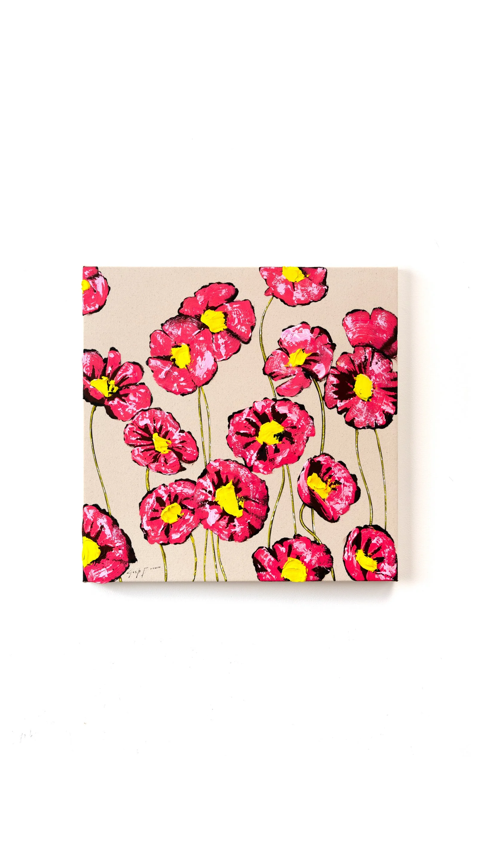 Original acrylic painting of vibrant pink flowers with yellow centers on a neutral canvas by Josh Brown.
