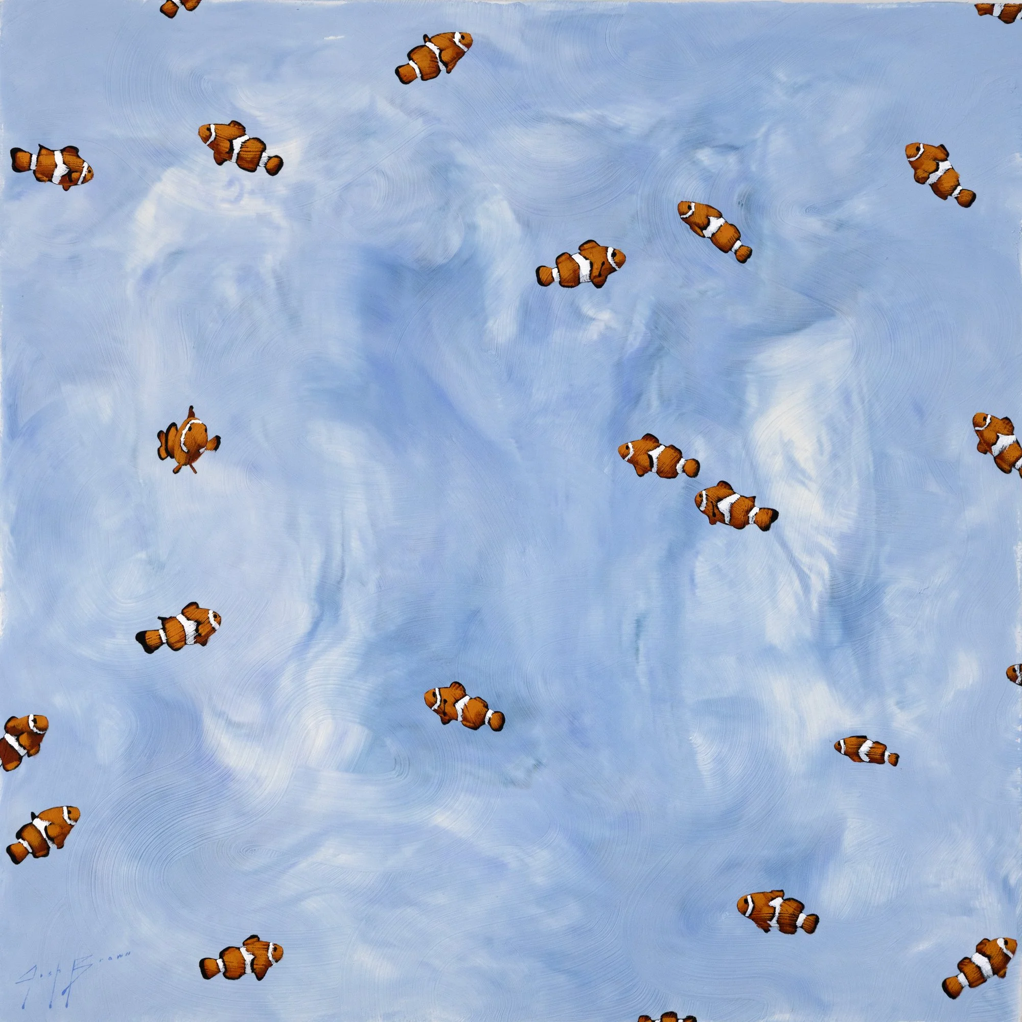 Original acrylic painting of bright orange clownfish floating across a soft sky-blue background, with fluid brushstrokes that create gentle movement and a playful, contemporary feel for modern collectors.