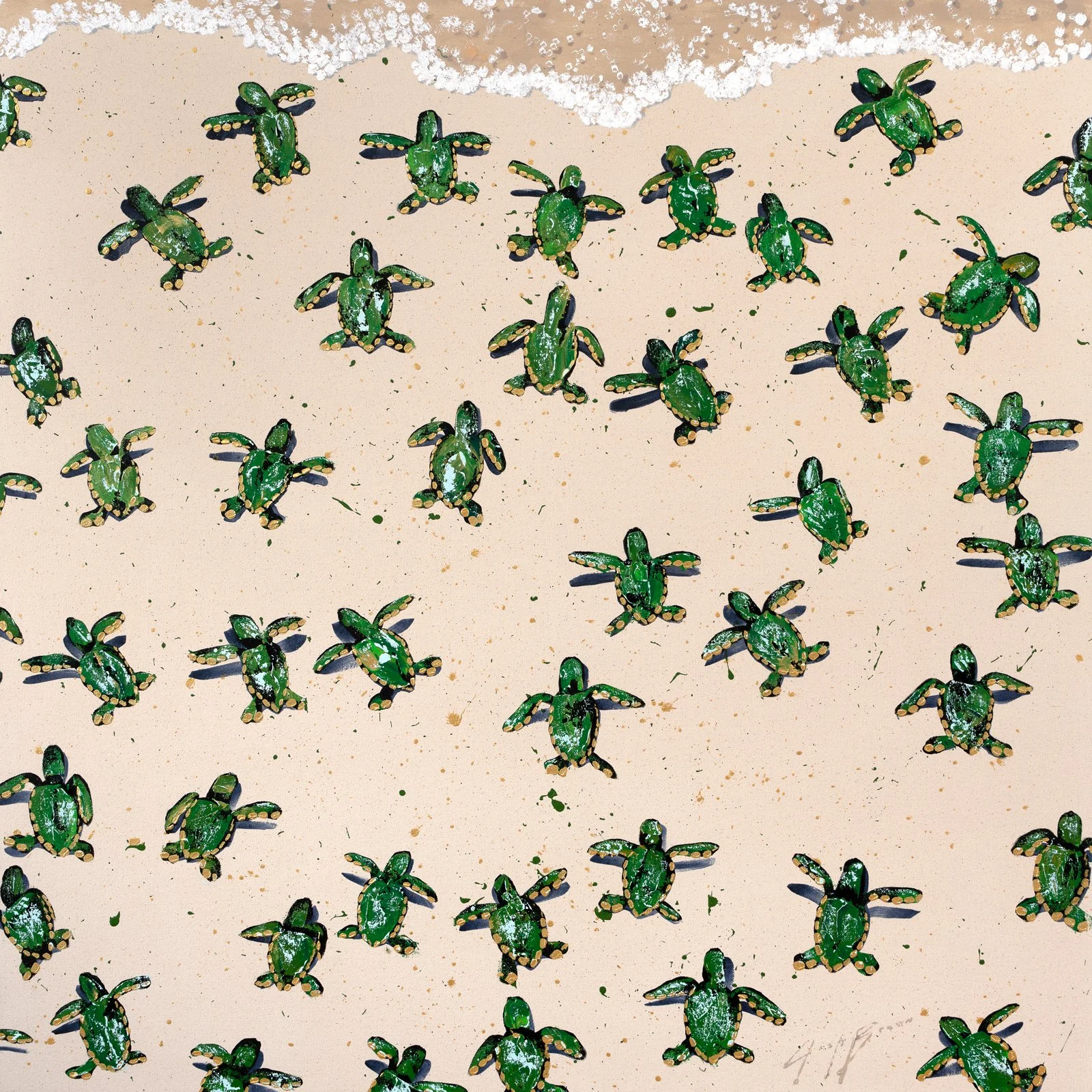 Original acrylic painting of green and gold sea turtles scattered across a sandy background wading into the surf, featuring expressive texture. Contemporary wildlife fine art for collectors seeking refined, modern statement pieces.