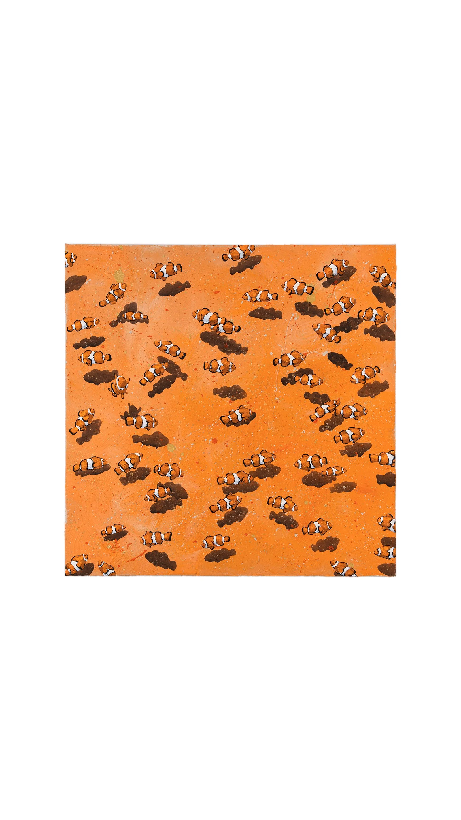 Contemporary painting of clownfish scattered across a vibrant orange background by New York City based artist Josh Brown.