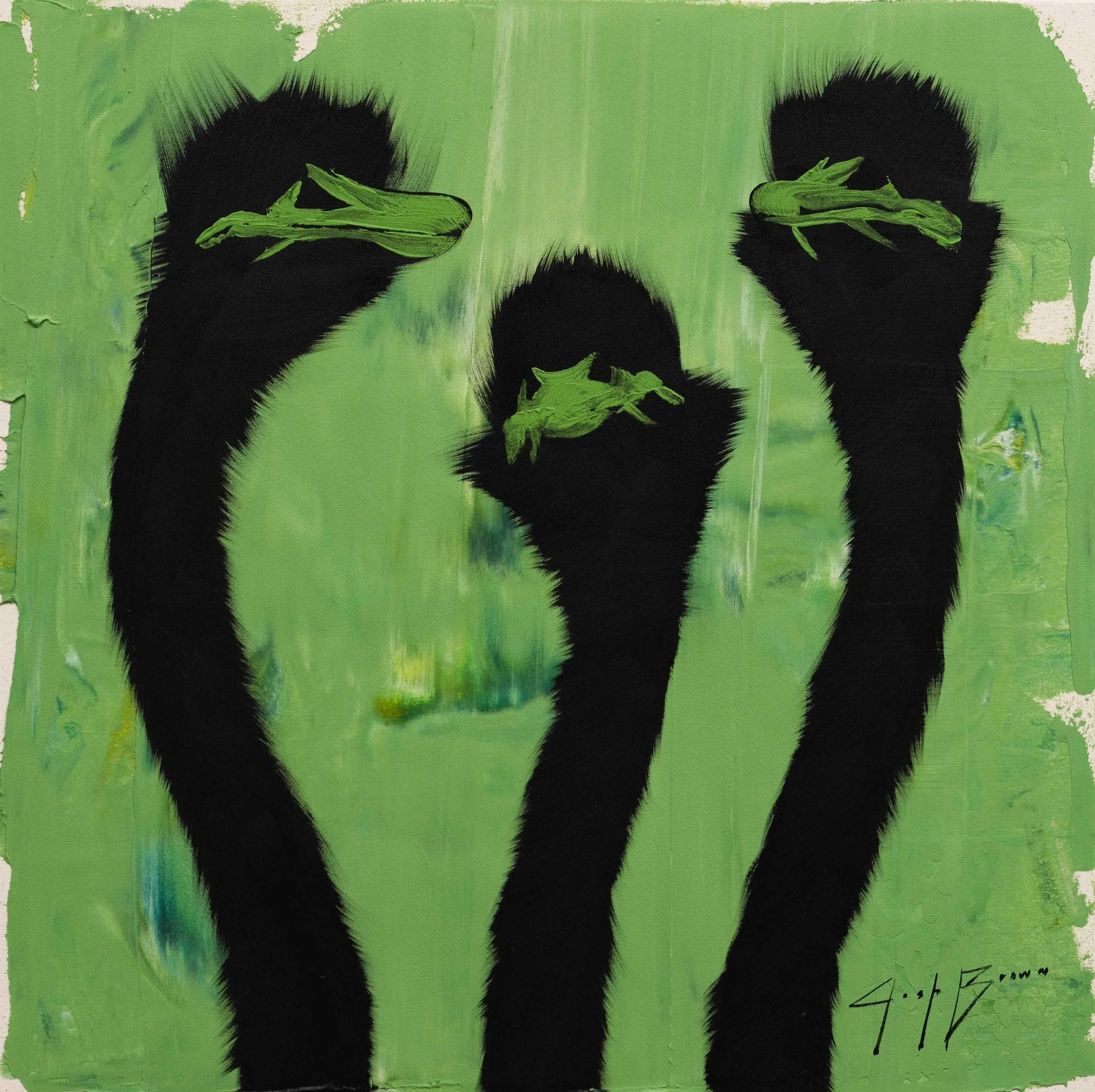 Original acrylic painting of three ostrich forms on a layered green background, painted with bold, expressive texture and minimalist design. Contemporary wildlife art made with archival materials for collectors seeking refined modern works.