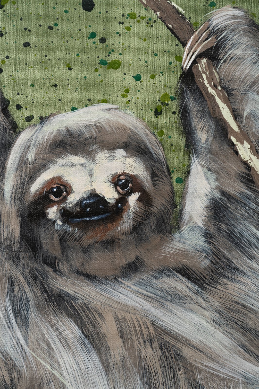 Close-up of sloth's beautiful face with paint splatter texture in the background by painter Josh Brown.