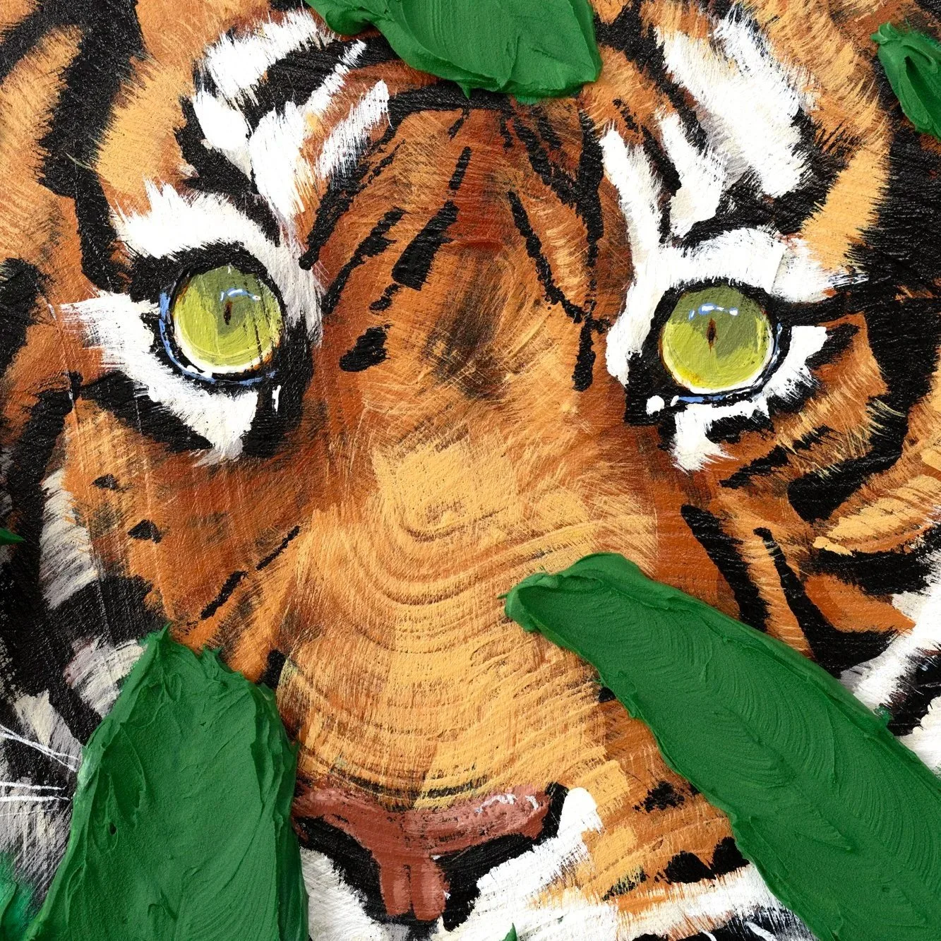 Close-up of a hand-painted tiger face partially hidden by layered green foliage, showing expressive brushwork and texture by Josh Brown.