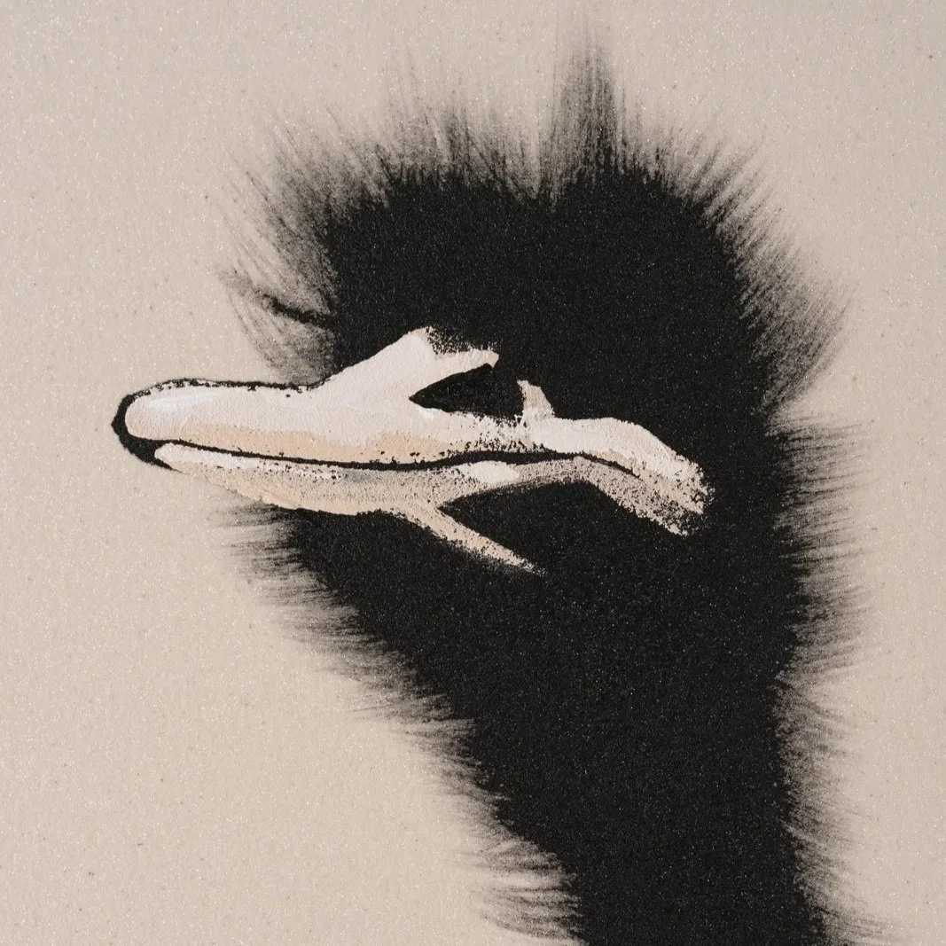 Macro view of layered paint and subtle texture in a modern figurative acrylic painting focused on an ostrich head by Josh Brown.