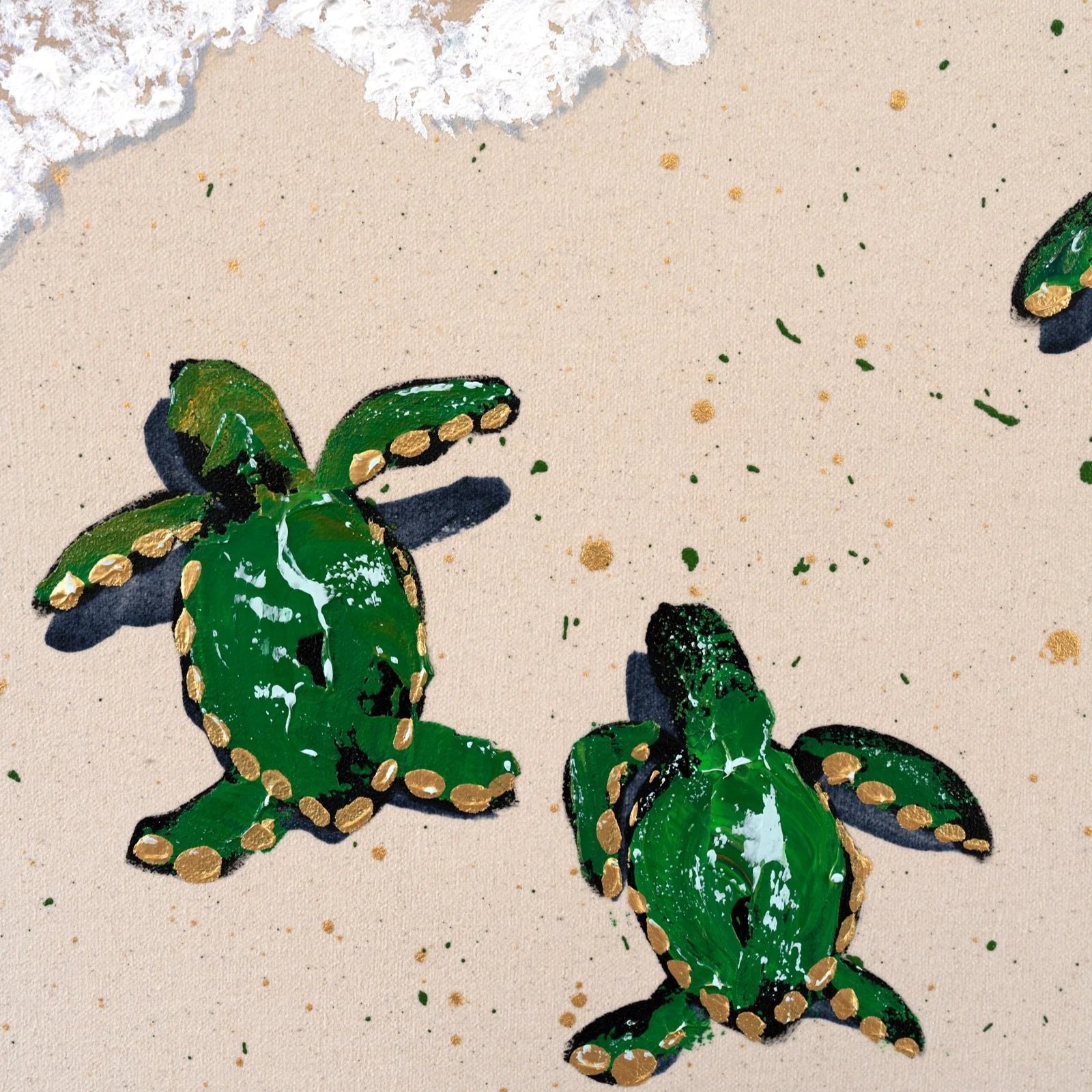 Playful marine life painting showing turtles dispersed across a pale beach-like field.