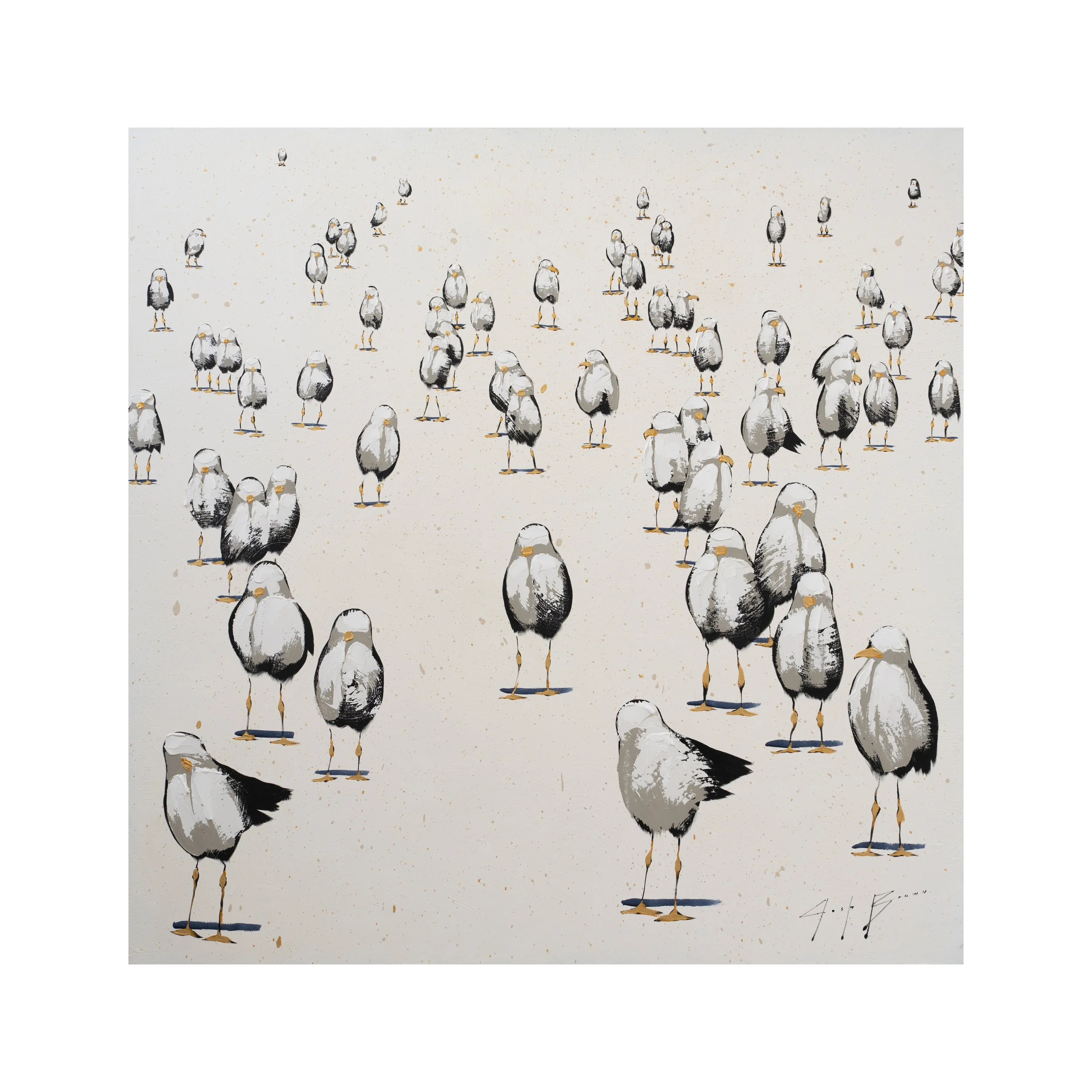 Contemporary painting of seagulls scattered across a sandy beach in a minimalist composition by Josh Brown.
