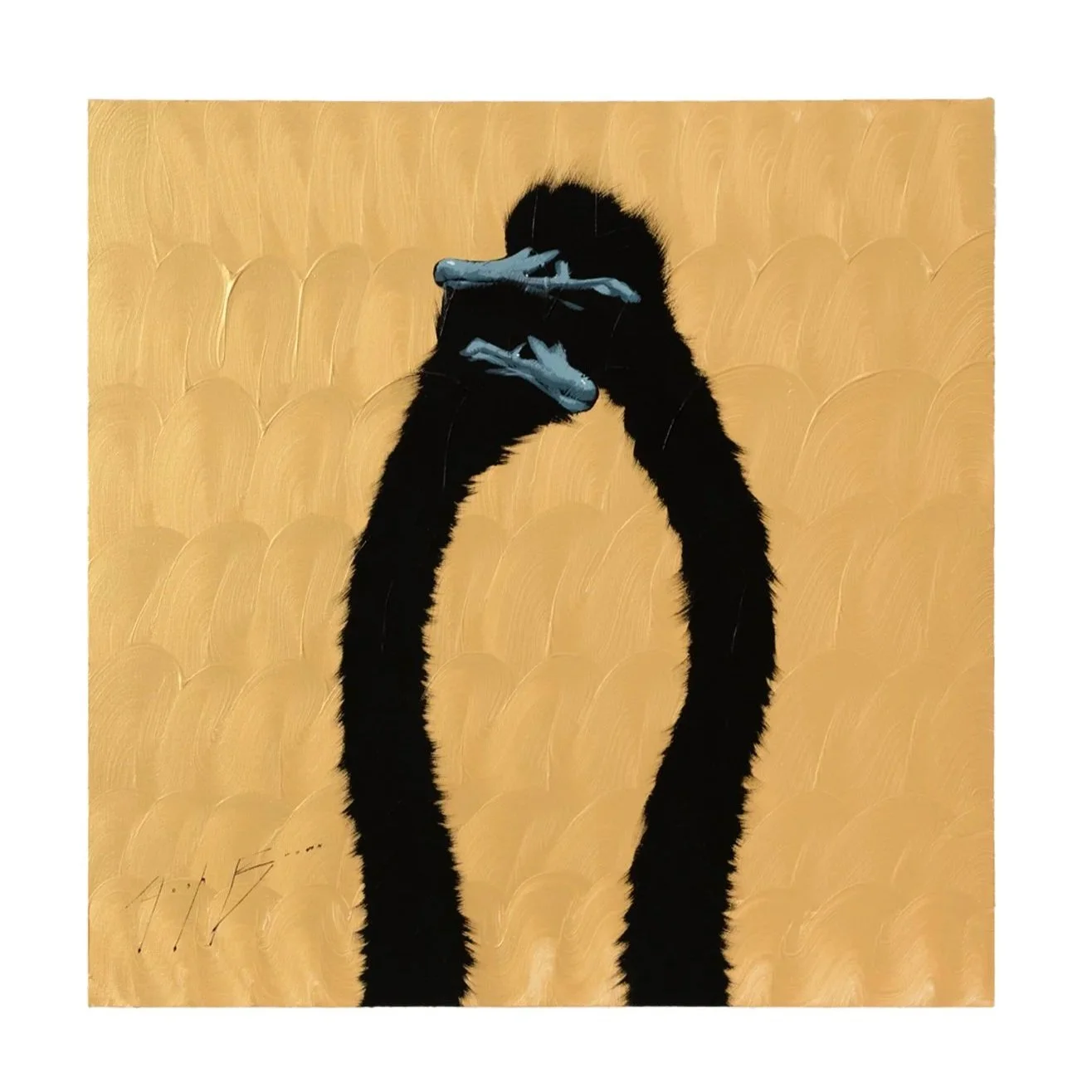 Detail of a minimalist ostrich painting showing two long black necks touching against a golden background with blue beaks by Josh Brown..