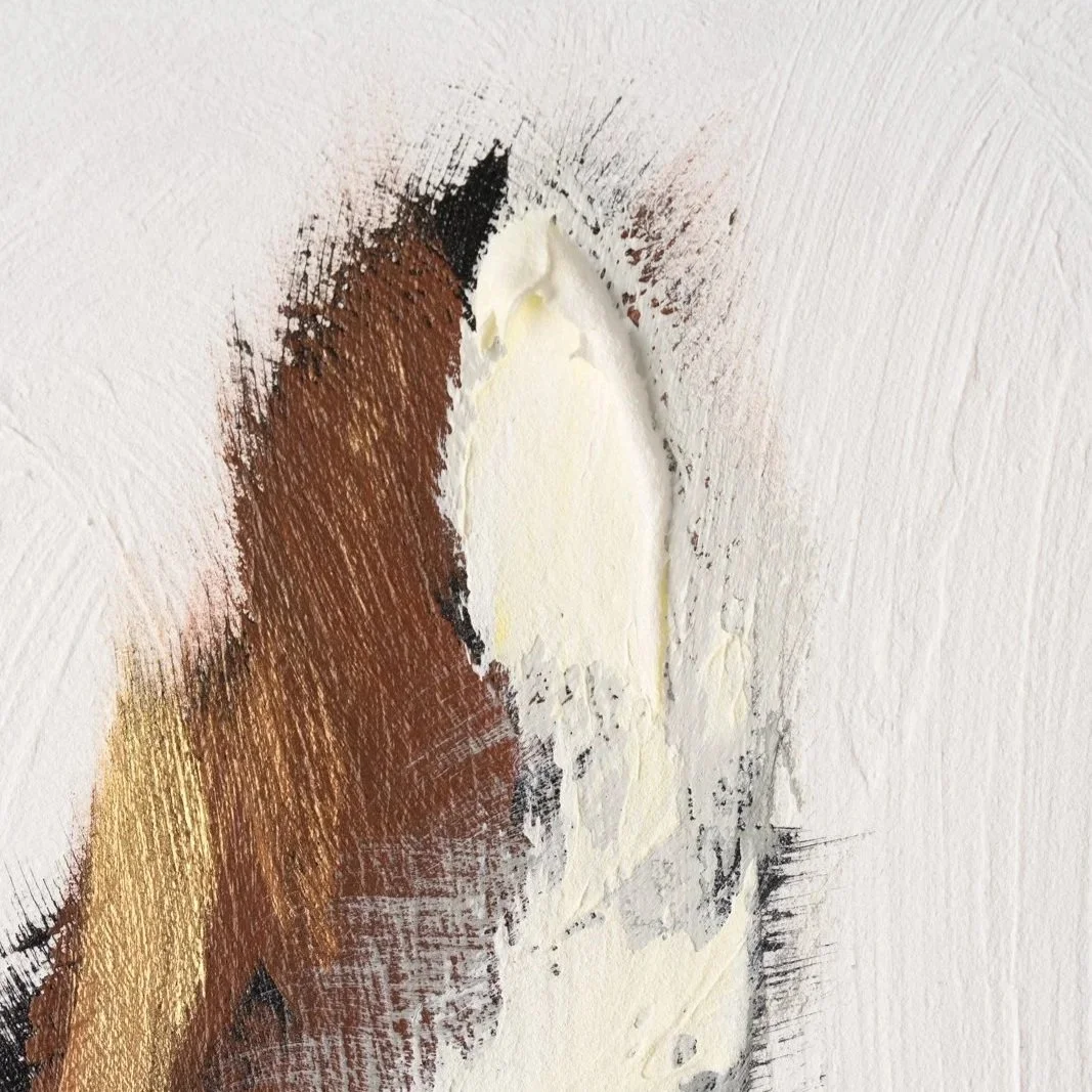 Modern animal portrait depicting two donkeys in warm brown tones cropped on one fluffy ear by the artist Josh Brown.