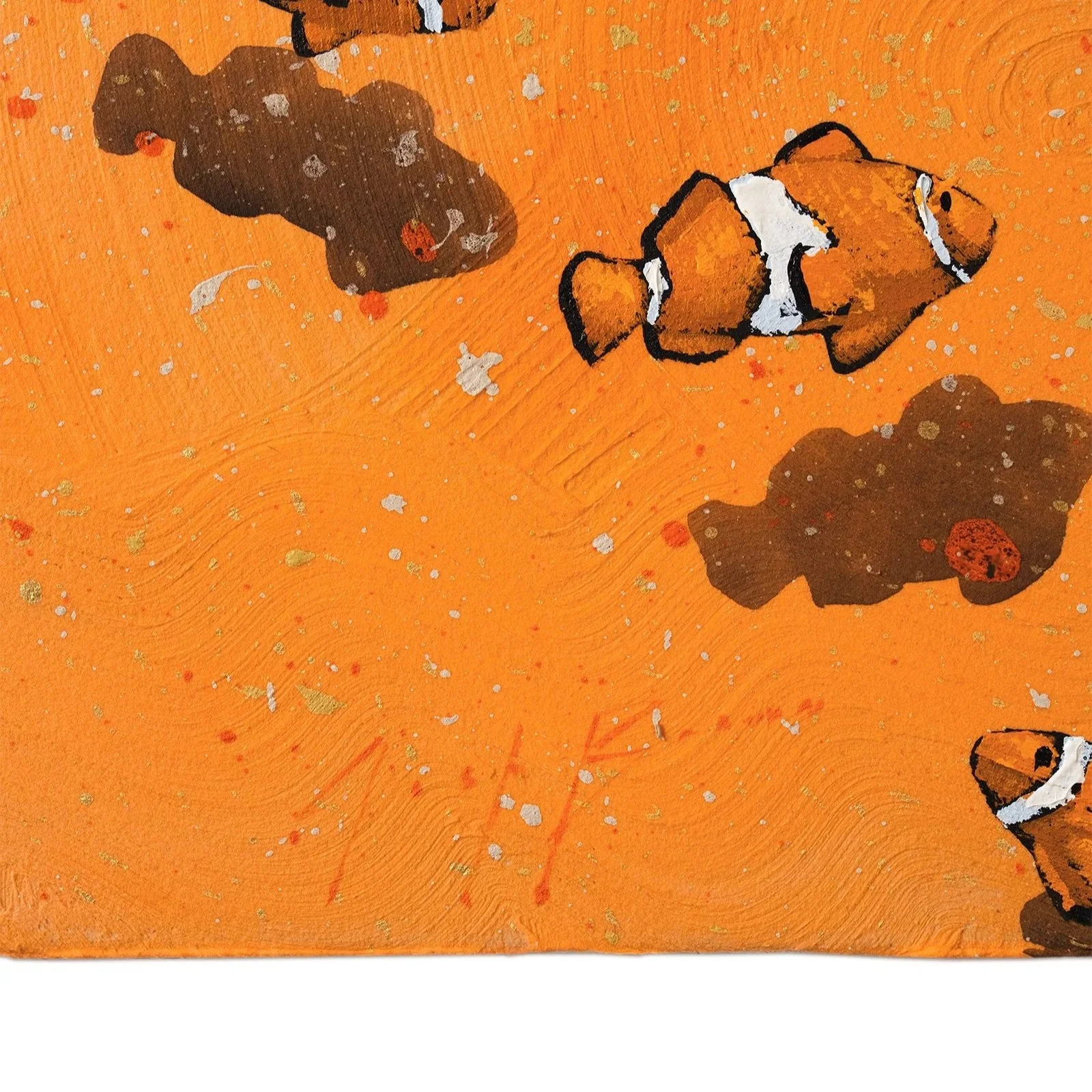 Playful marine life artwork showing clownfish swimming in formation by New York City based painter Josh Brown.