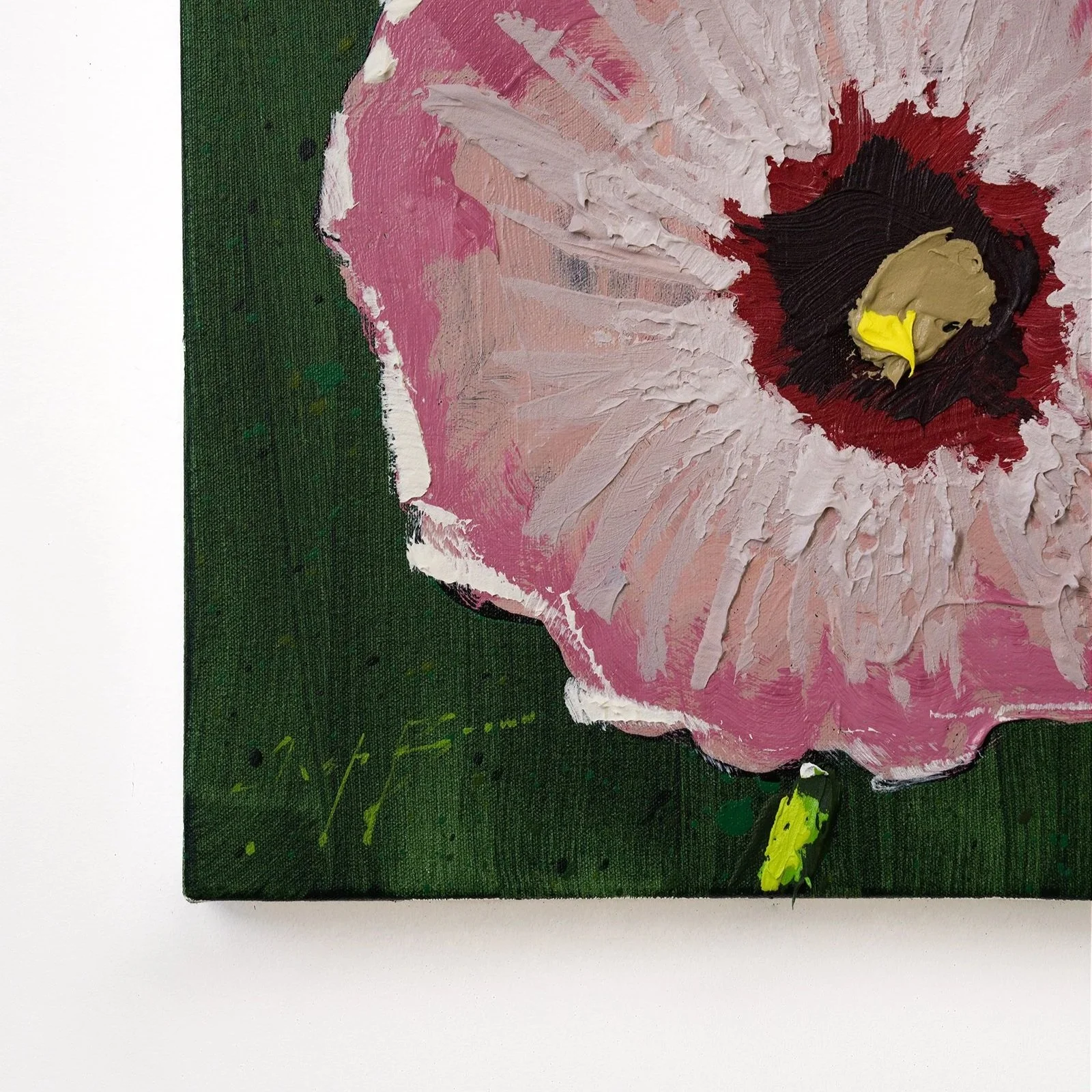 Collectible floral painting showcasing pink hibiscus blooms against a dark green field highlighting the artist's signature by Josh Brown.