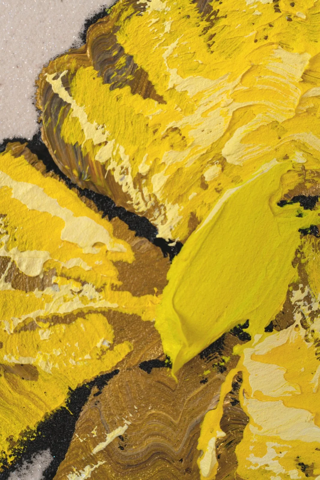 Hand-painted floral art designed to bring warmth and light into modern interiors cropped to highlight thick yellow brush marks of a flower by Josh Brown.