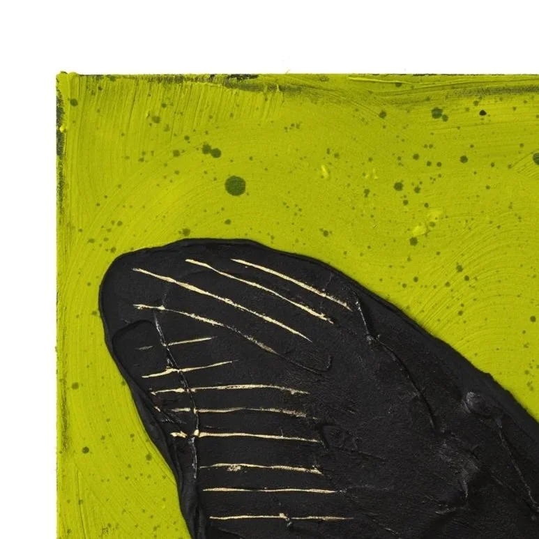 Detail crop highlighting expressive black impasto paint forming butterfly wing patterns against a vivid green background by Josh Brown.