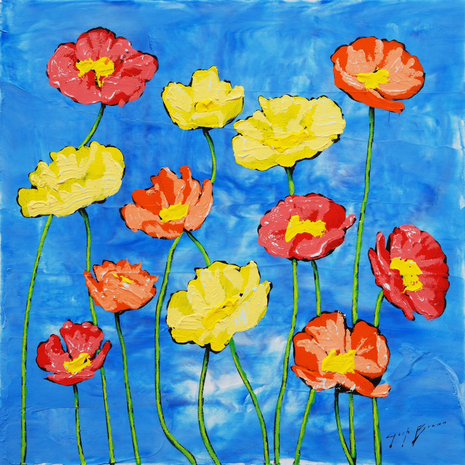 Original acrylic painting of vibrant yellow, orange, and red flowers on slender green stems set against a bright blue background. Contemporary floral fine art with bold texture for modern collectors.