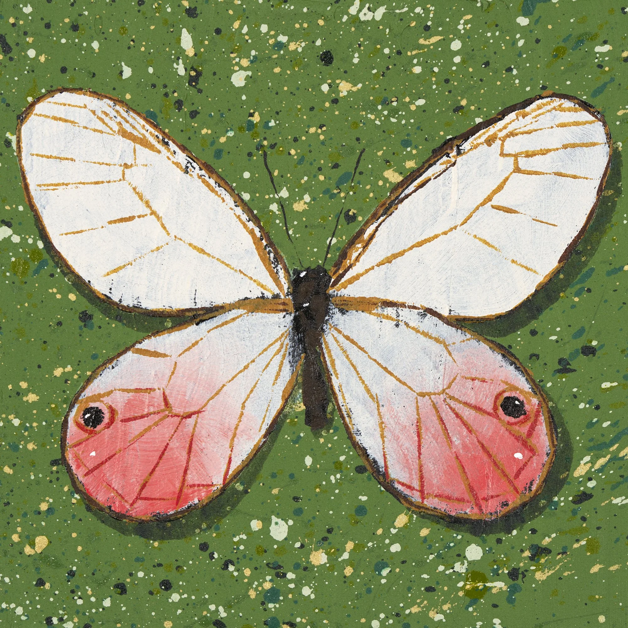 An acrylic painting of a blushing phantom butterfly against a colorful green background by Josh Brown, ideal for luxury interiors.