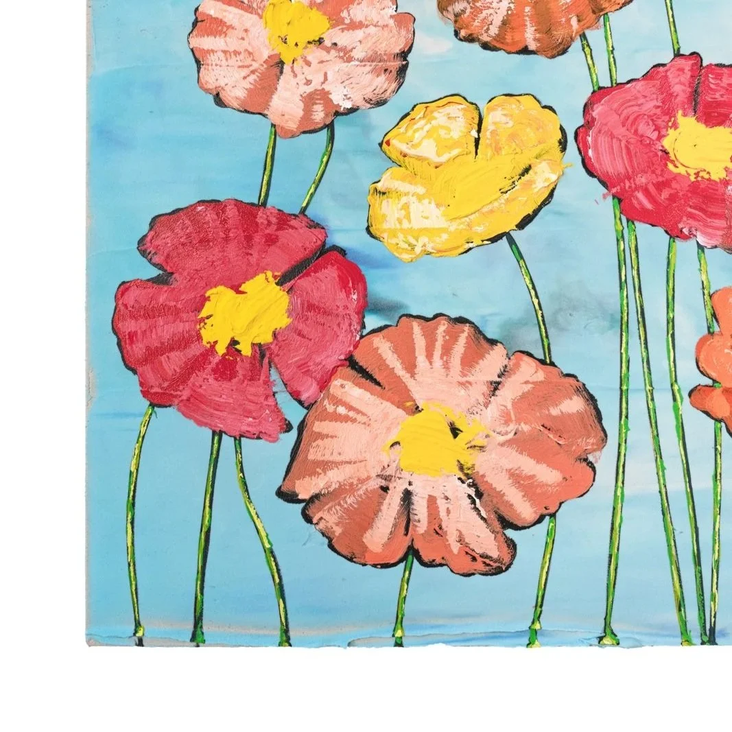 Modern botanical painting with vibrant flowers and expressive textured brushstrokes by Josh Brown.