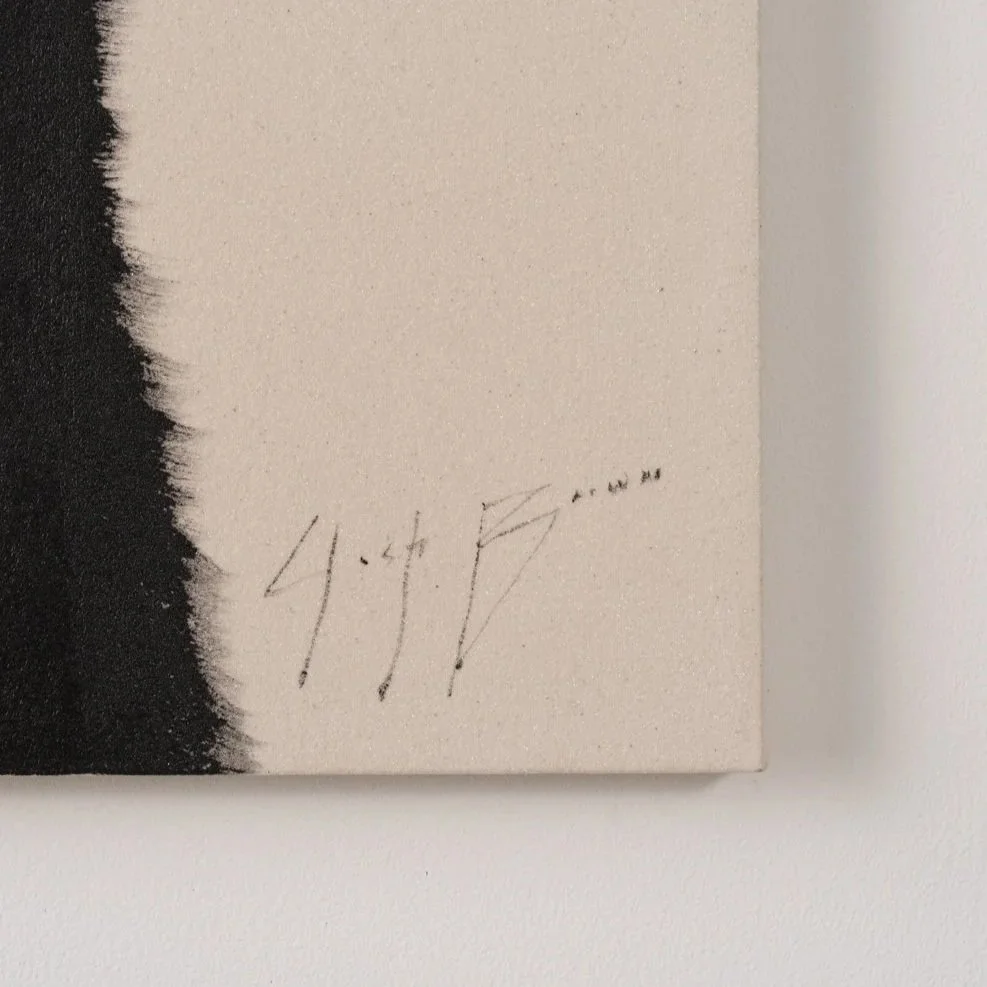 A close up cropping of an ostrich painting featuring the artist's signature and  a neutral glittery canvas by Josh Brown.