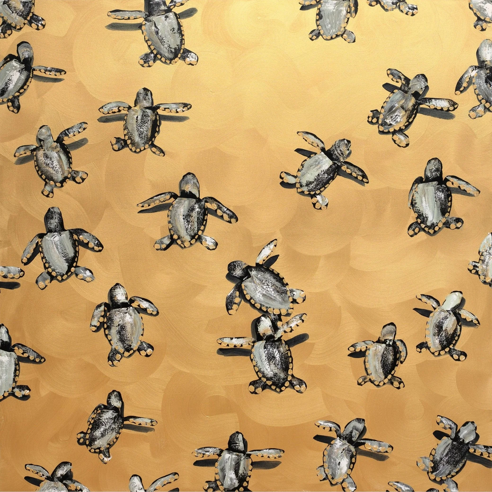 Original acrylic painting of gold sea turtles scattered across a golden background, featuring subtle glints of light and expressive texture. Contemporary wildlife fine art for collectors seeking playful, modern statement pieces.