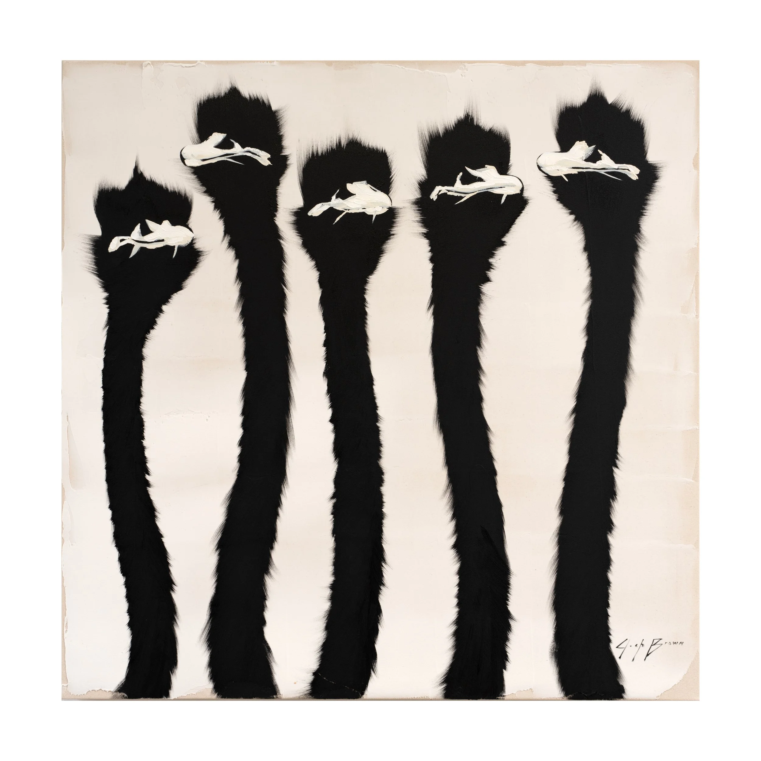 Detail of elongated ostrich necks painted in deep black against a soft neutral background in a contemporary animal artwork by Josh Brown.