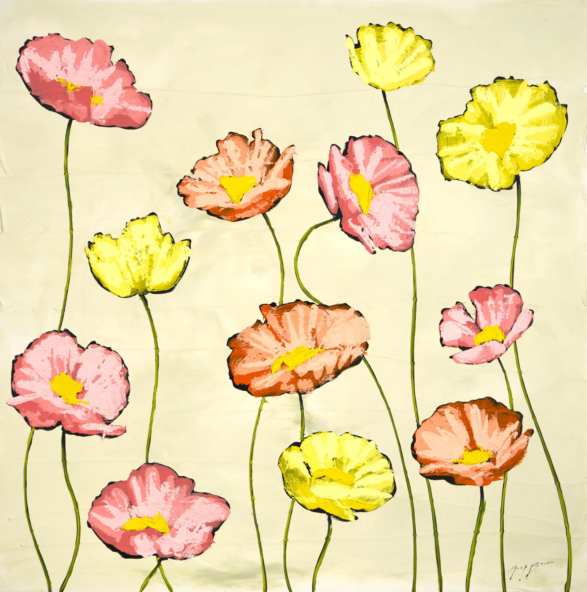 Original acrylic painting of pink, peach, and yellow flowers on slender green stems against a soft sage background. Contemporary floral fine art with expressive texture for modern collectors.