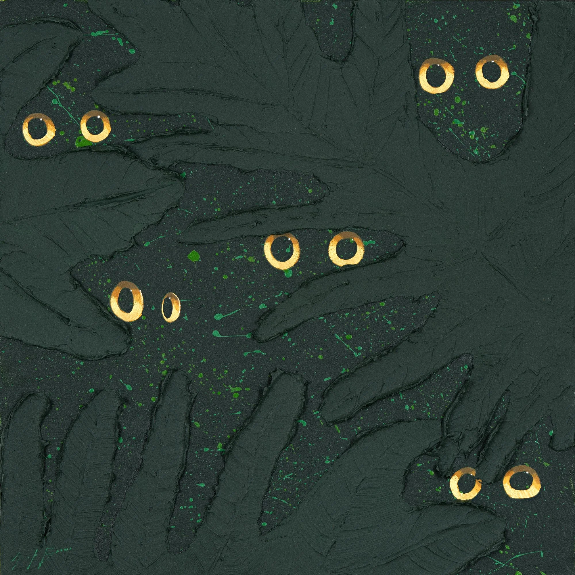 An acrylic painting of eyes staring at the view from the darrk depths of the jungle by NYC based painter Josh Brown.