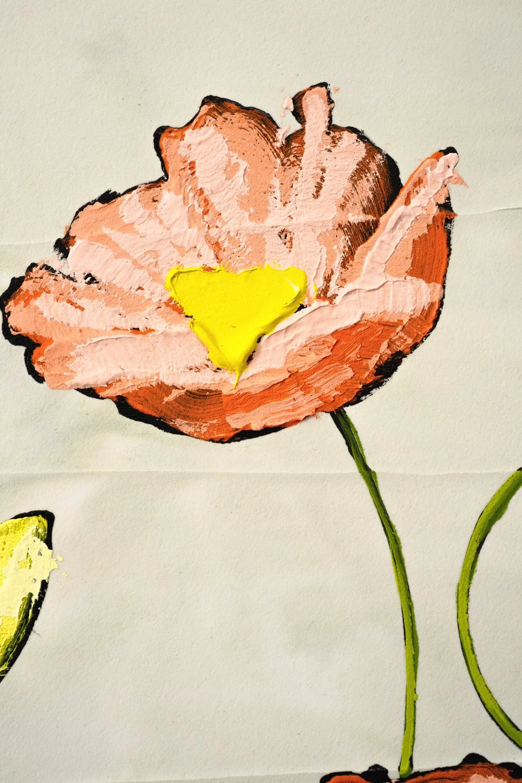 Hand-painted floral artwork showing playful pink and yellow blossoms in acrylic by Josh Brown.