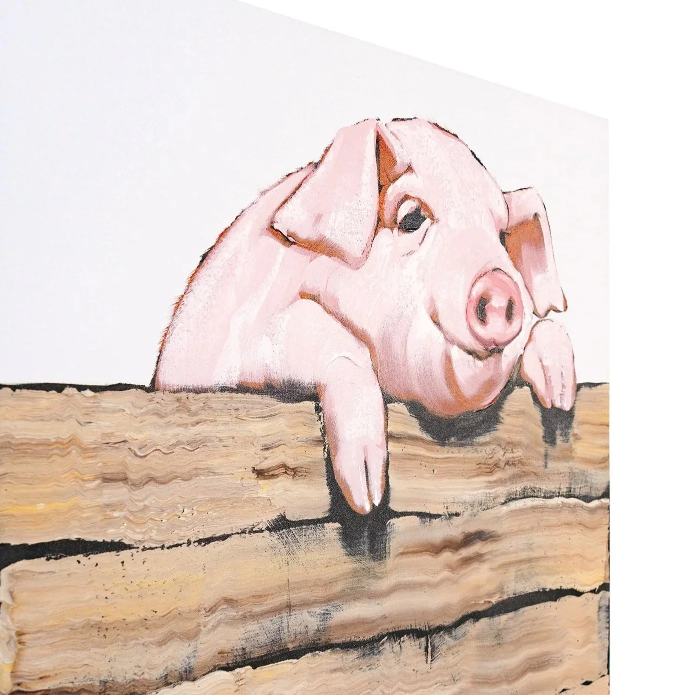 Whimsical contemporary painting of a pig resting atop a tall fence by Josh Brown.