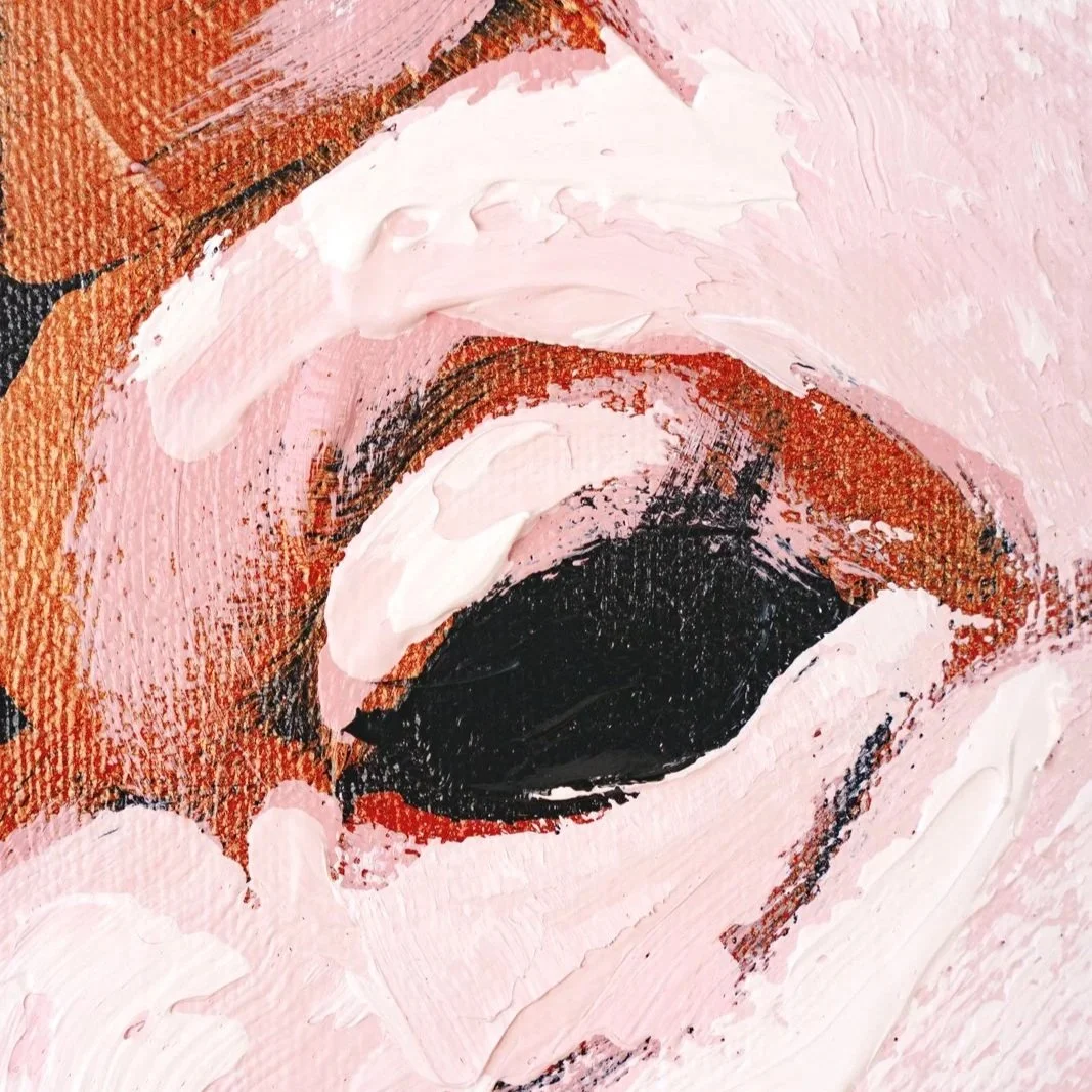 Close-up pig painting highlighting playful character and tactile acrylic surface by Josh Brown.