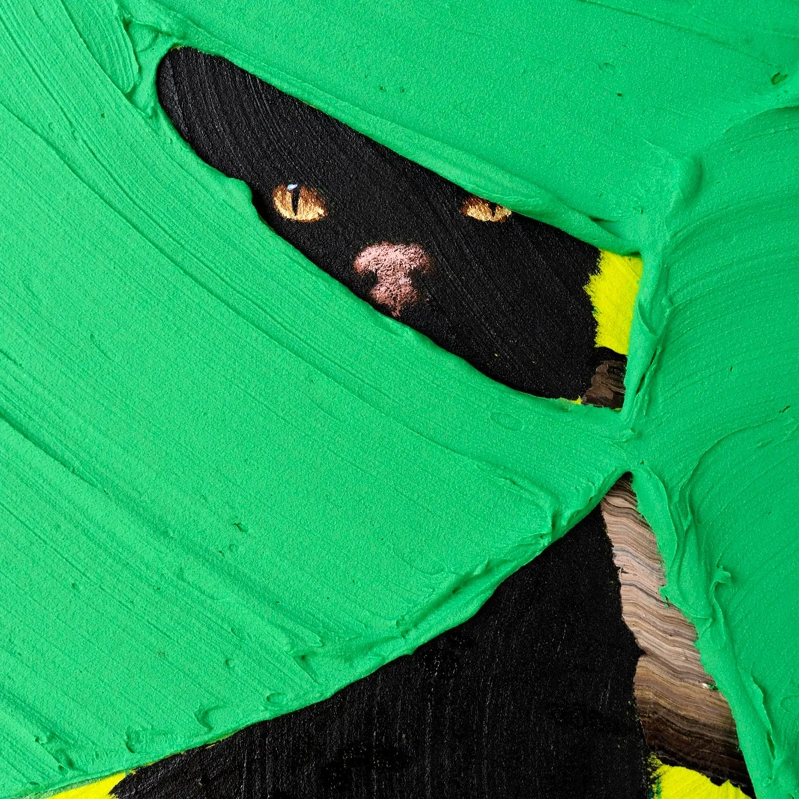 Close-up of a black panther silhouette contrasted against bright yellow paint in a playful contemporary animal painting by Josh Brown.