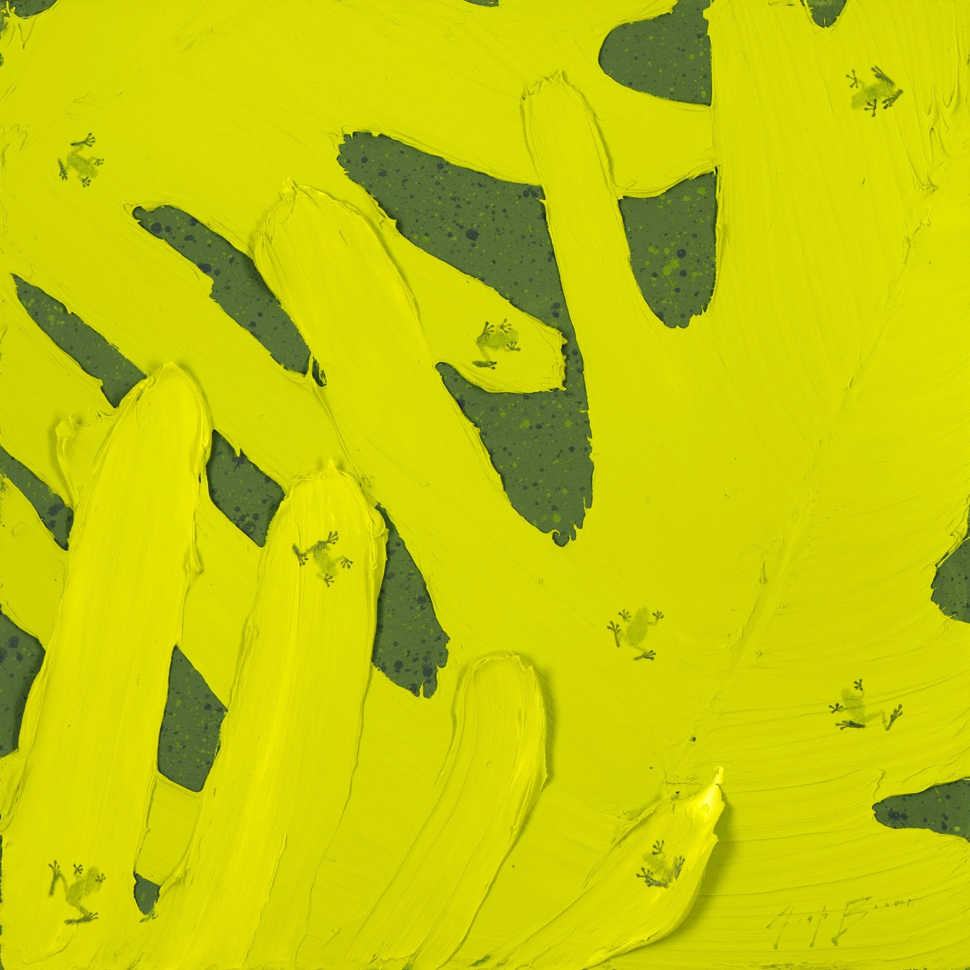 An acrylic painting of a frogs on jungle leaves in light speckled applications of paint on very thick passages of paint to reveal leaves by New York City based painter Josh Brown.