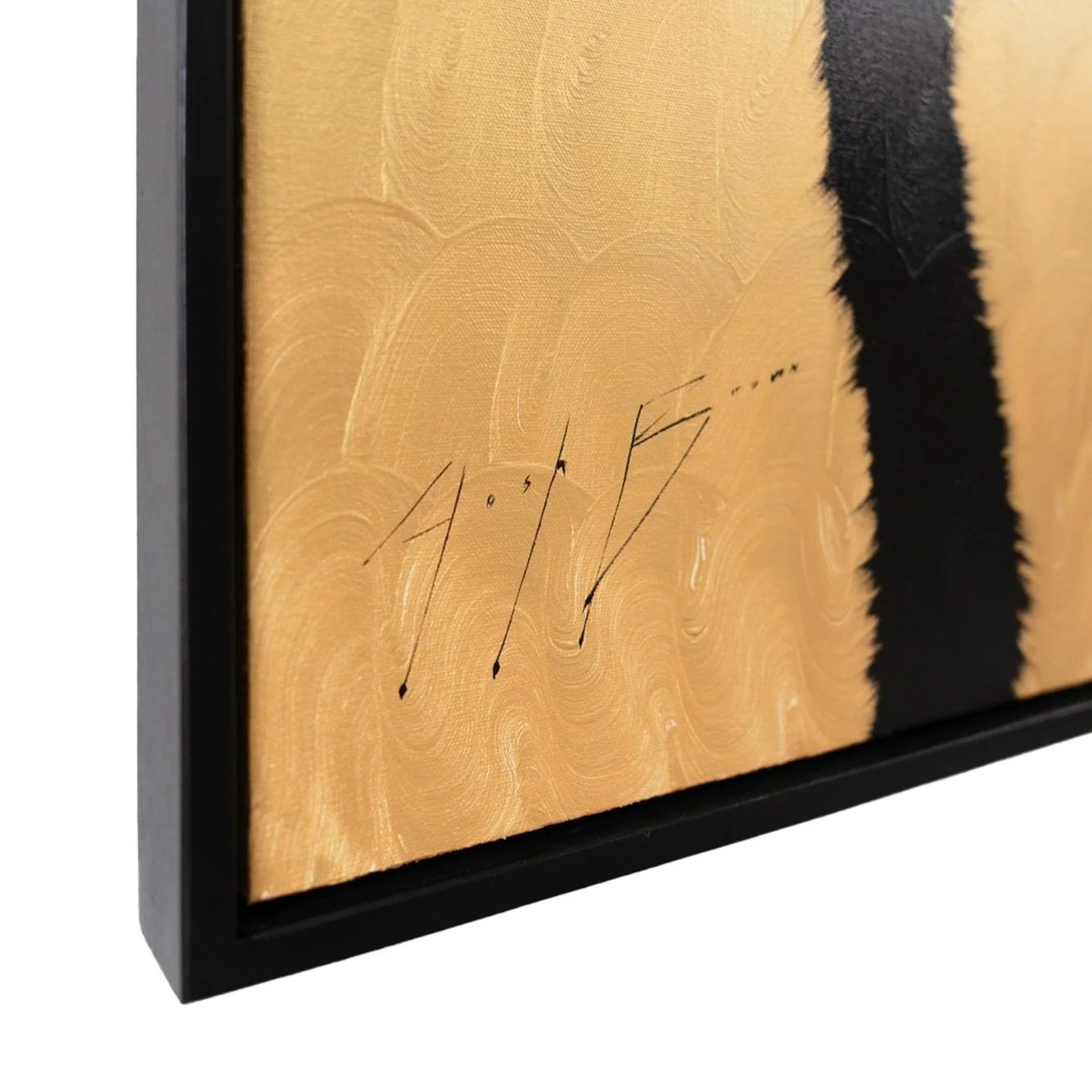 Close-up of expressive black brushwork forming an embracing ostrich gesture in a contemporary animal painting by Josh Brown.