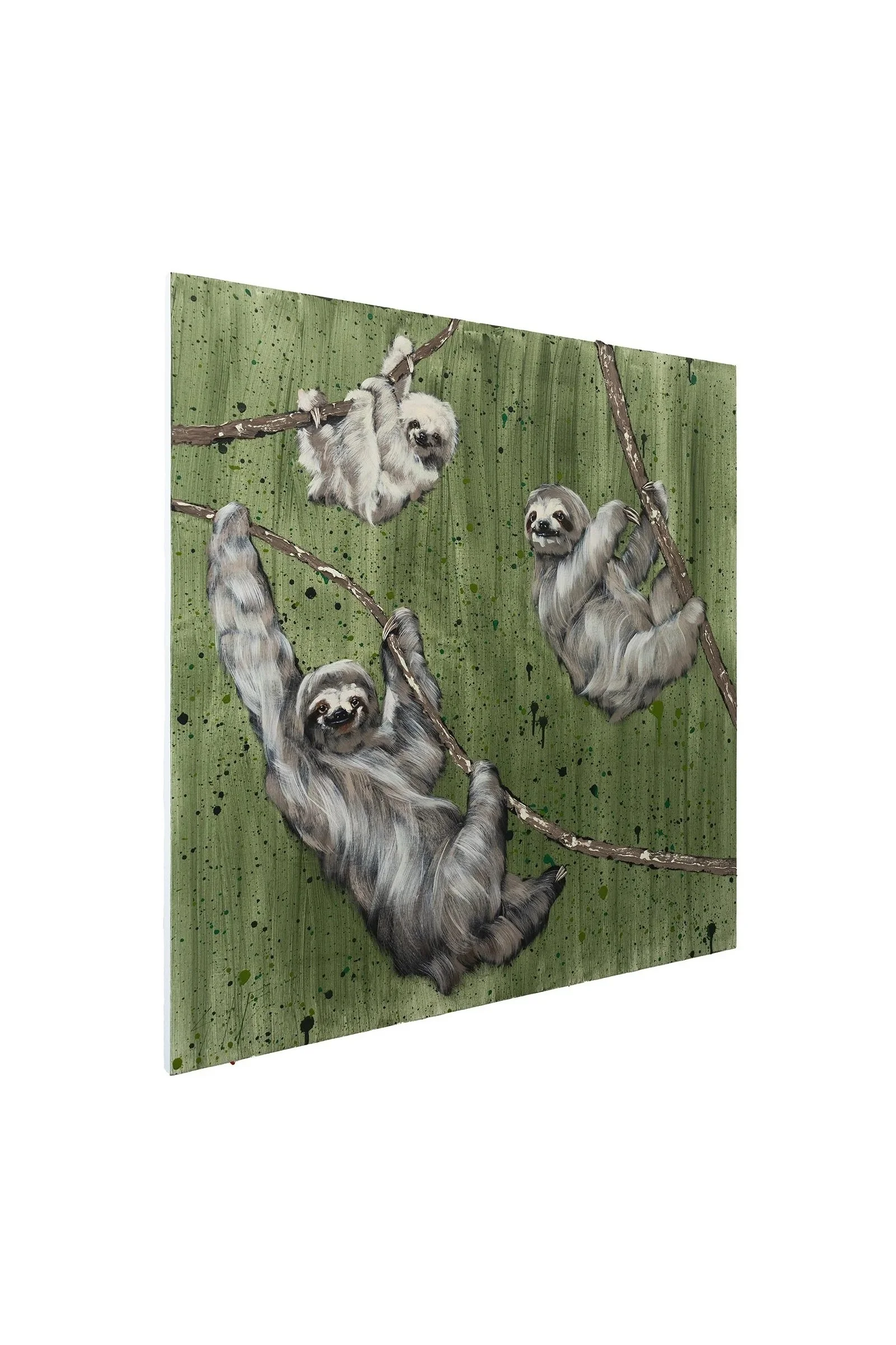 Side view of a whimsical sloth painting featuring realistic fur brushstrokes and playful expression, part of a contemporary wildlife artwork by NYC artist Josh Brown.