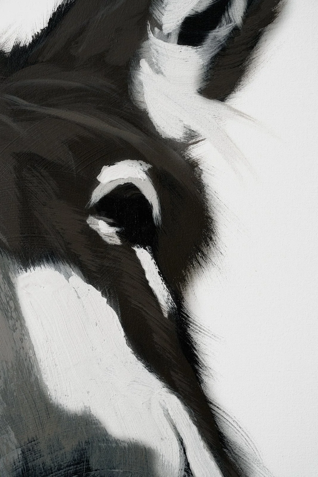 Donkey painting rendered in loose black, gray, and white acrylic strokes by Josh Brown.